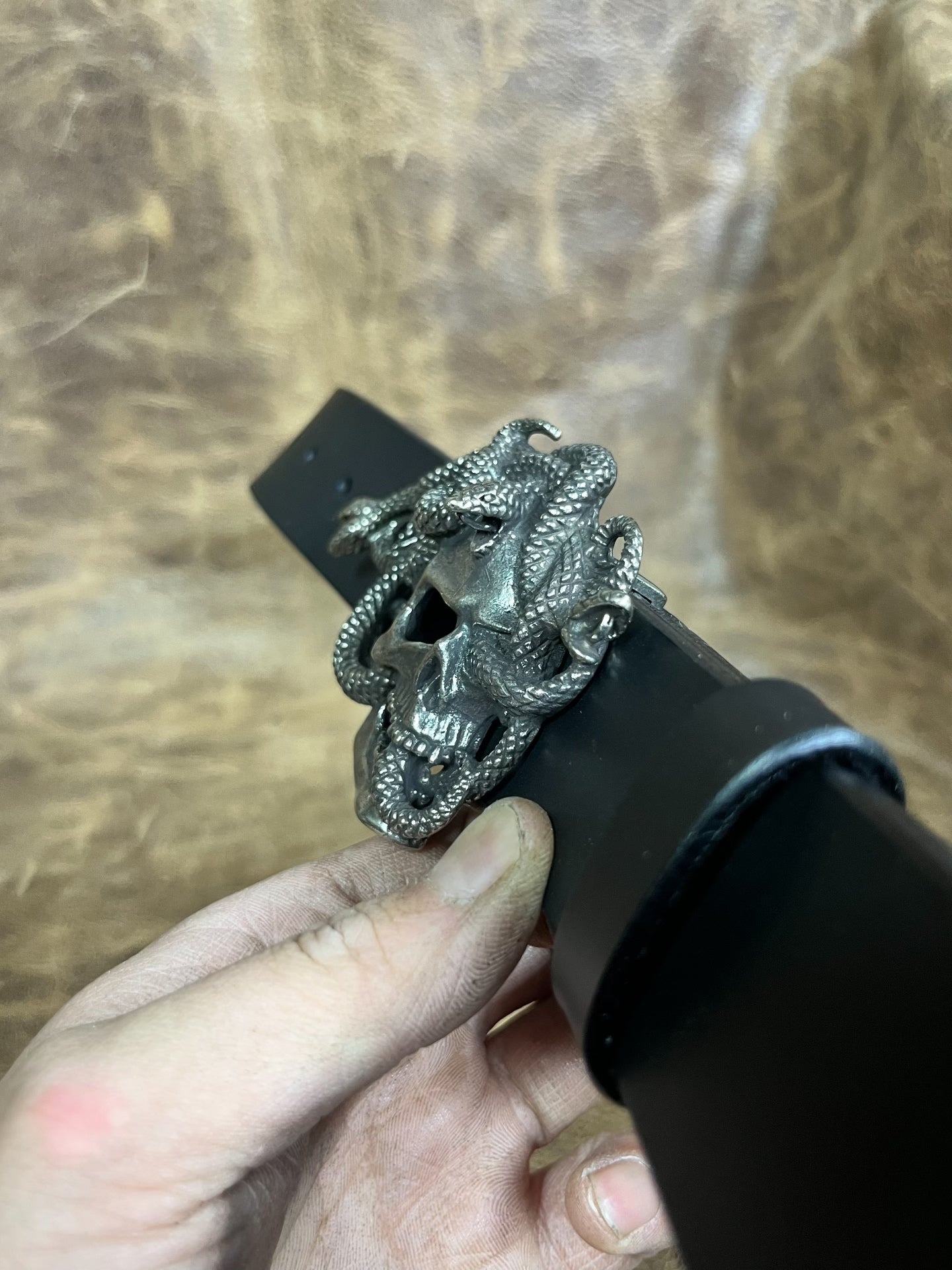 American retro skull snake pure copper and white copper belt buckle…