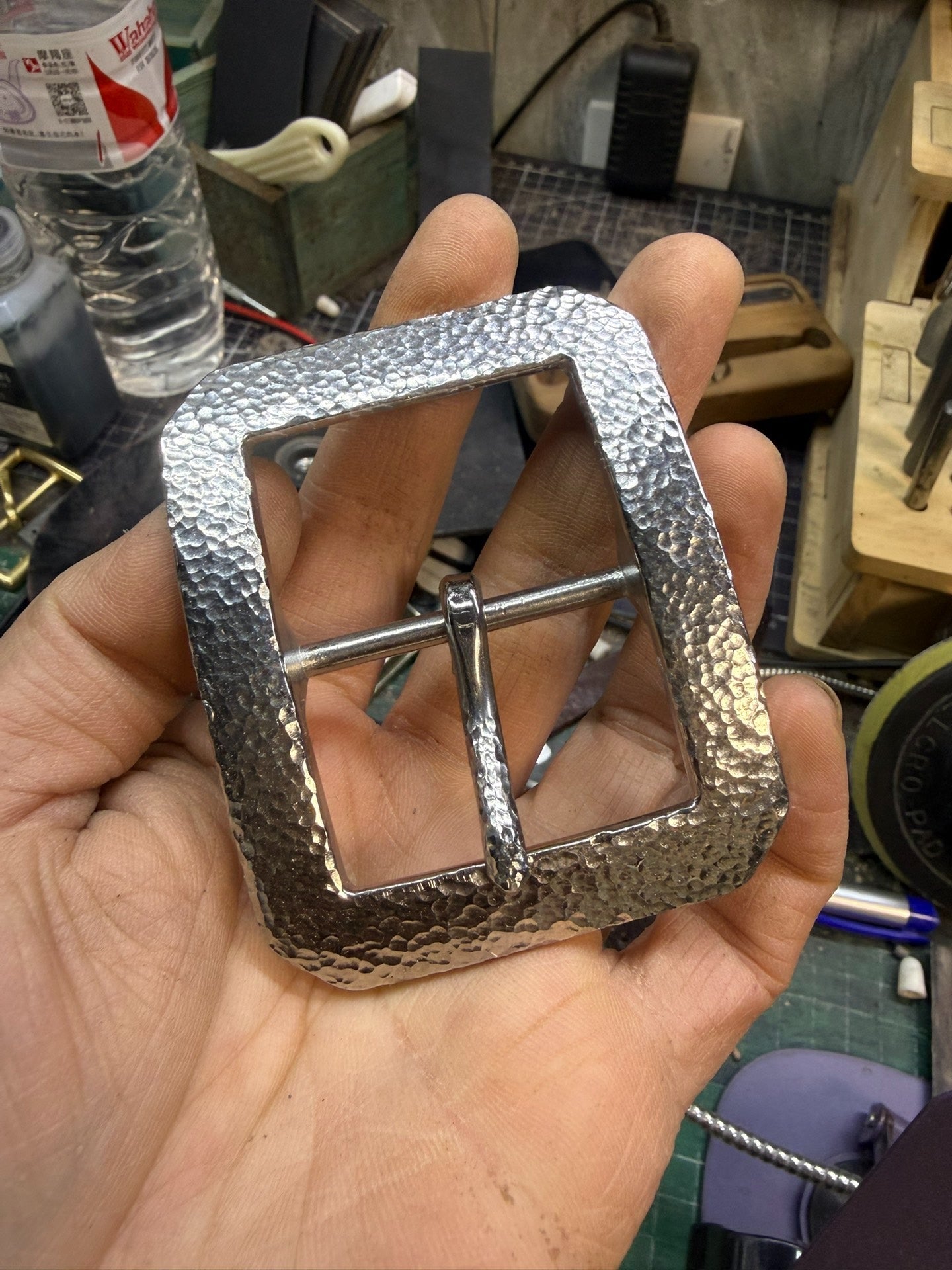 Larger and wider stainless steel hand-hammered belt buckle