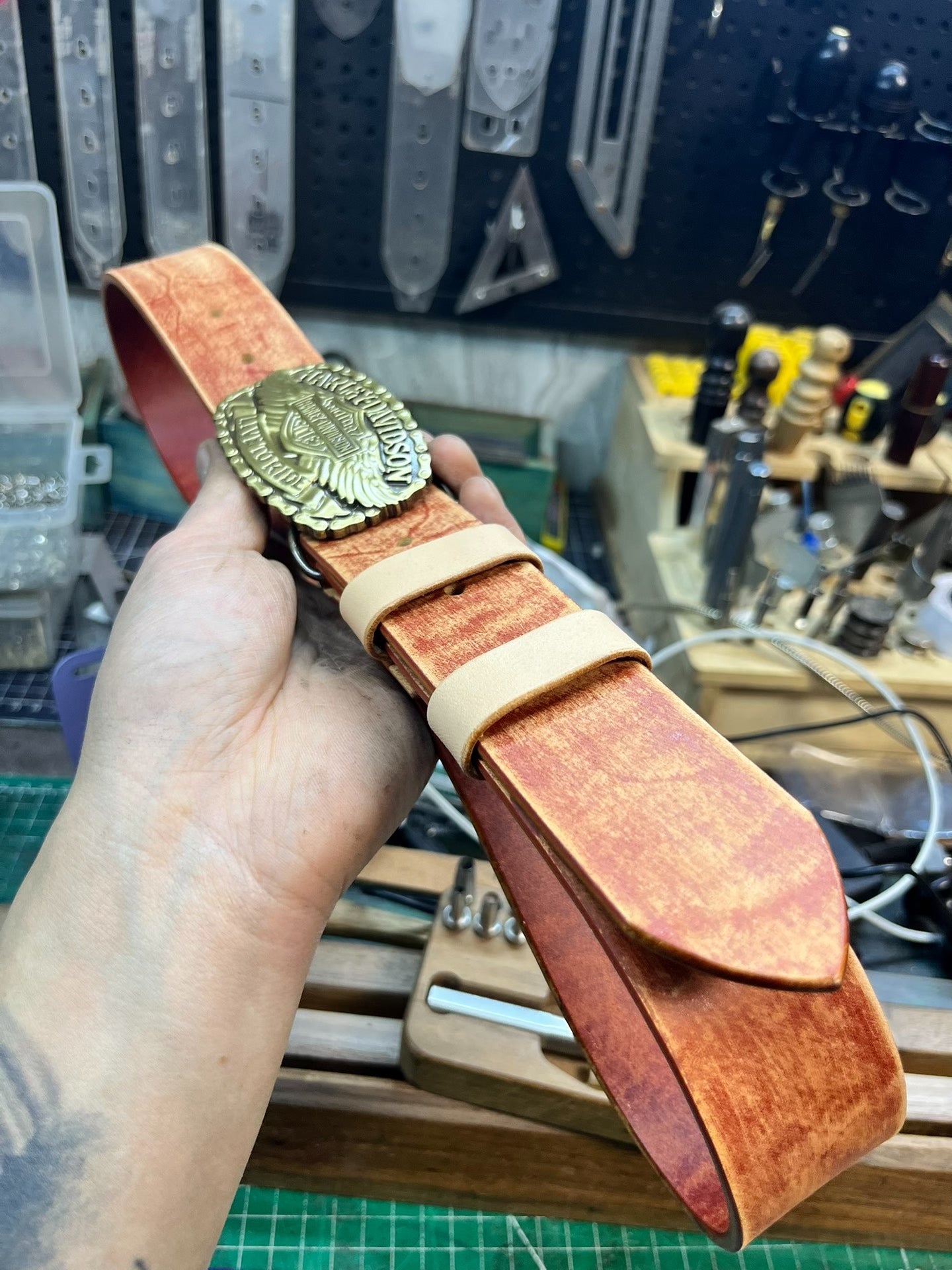 Harley Motorcycle Leather Belt — Solid Brass + Italian Top-Grain