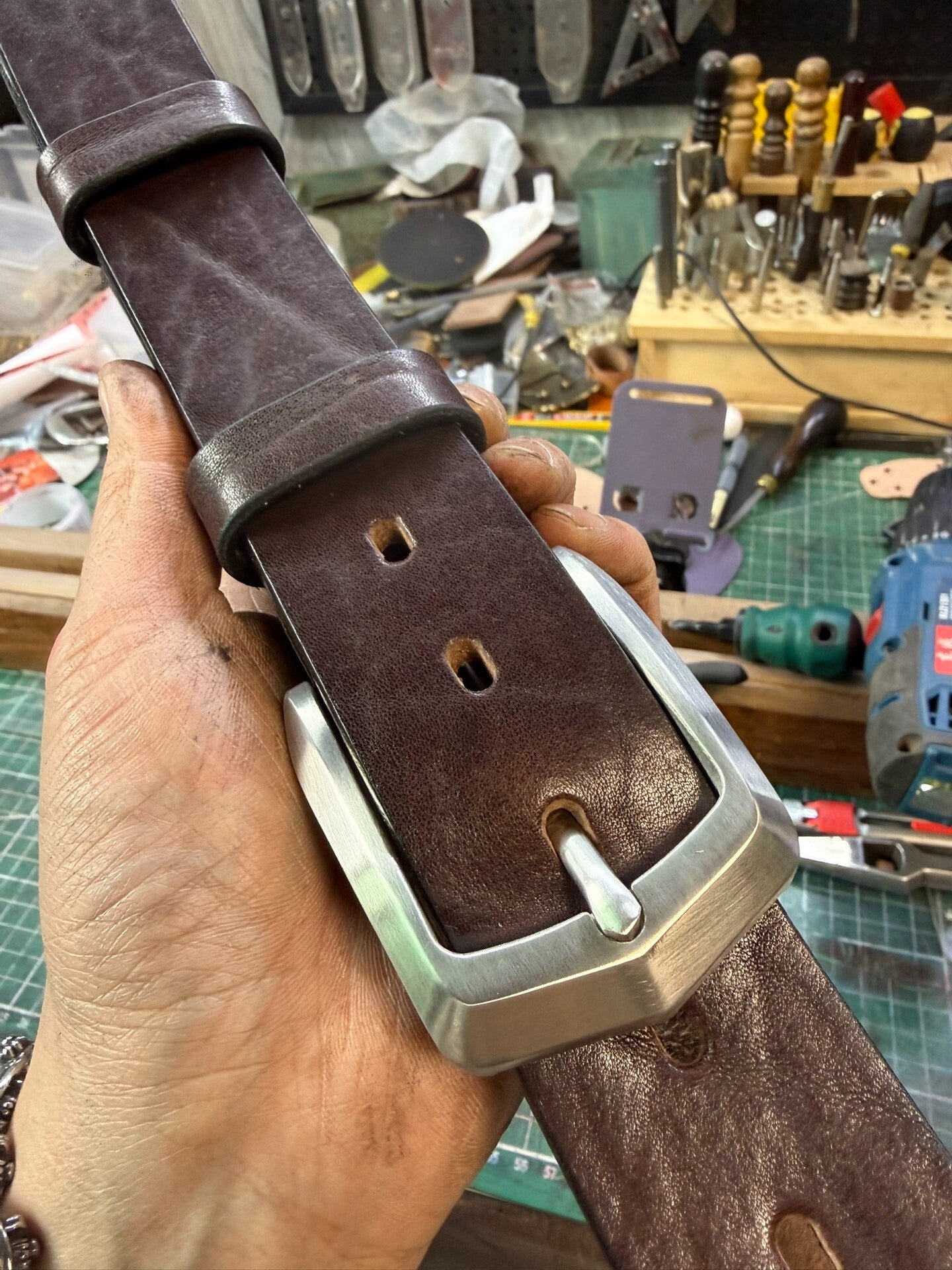 6 mm thick black bison leather handmade belt