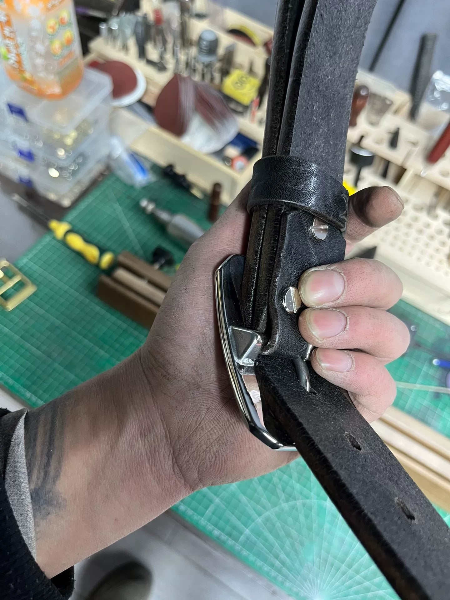 Black dyed bison leather handmade belt imported from North America