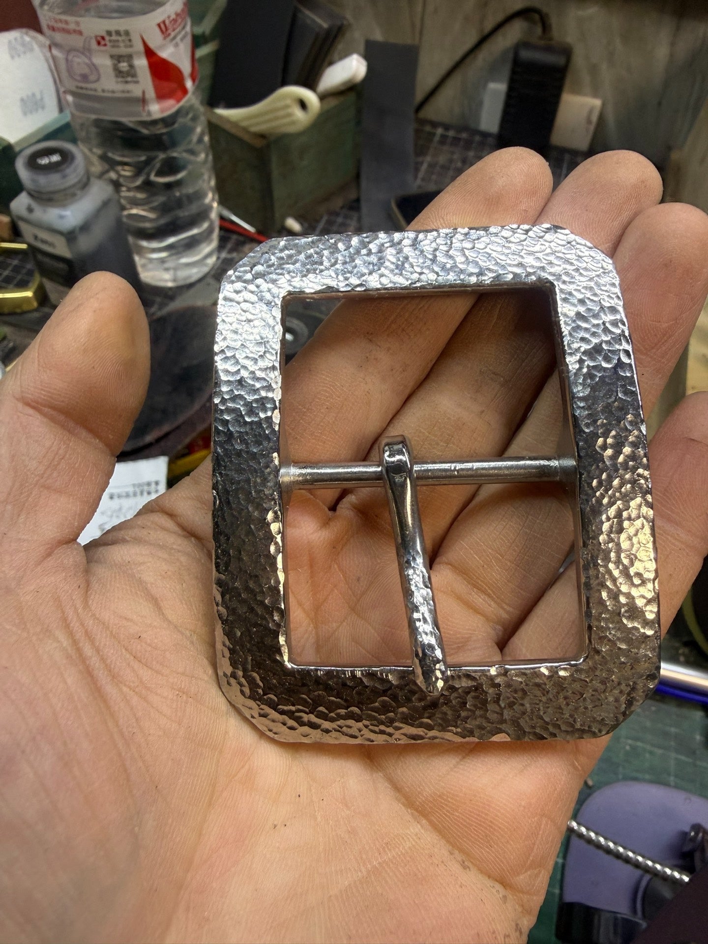 Larger and wider stainless steel hand-hammered belt buckle