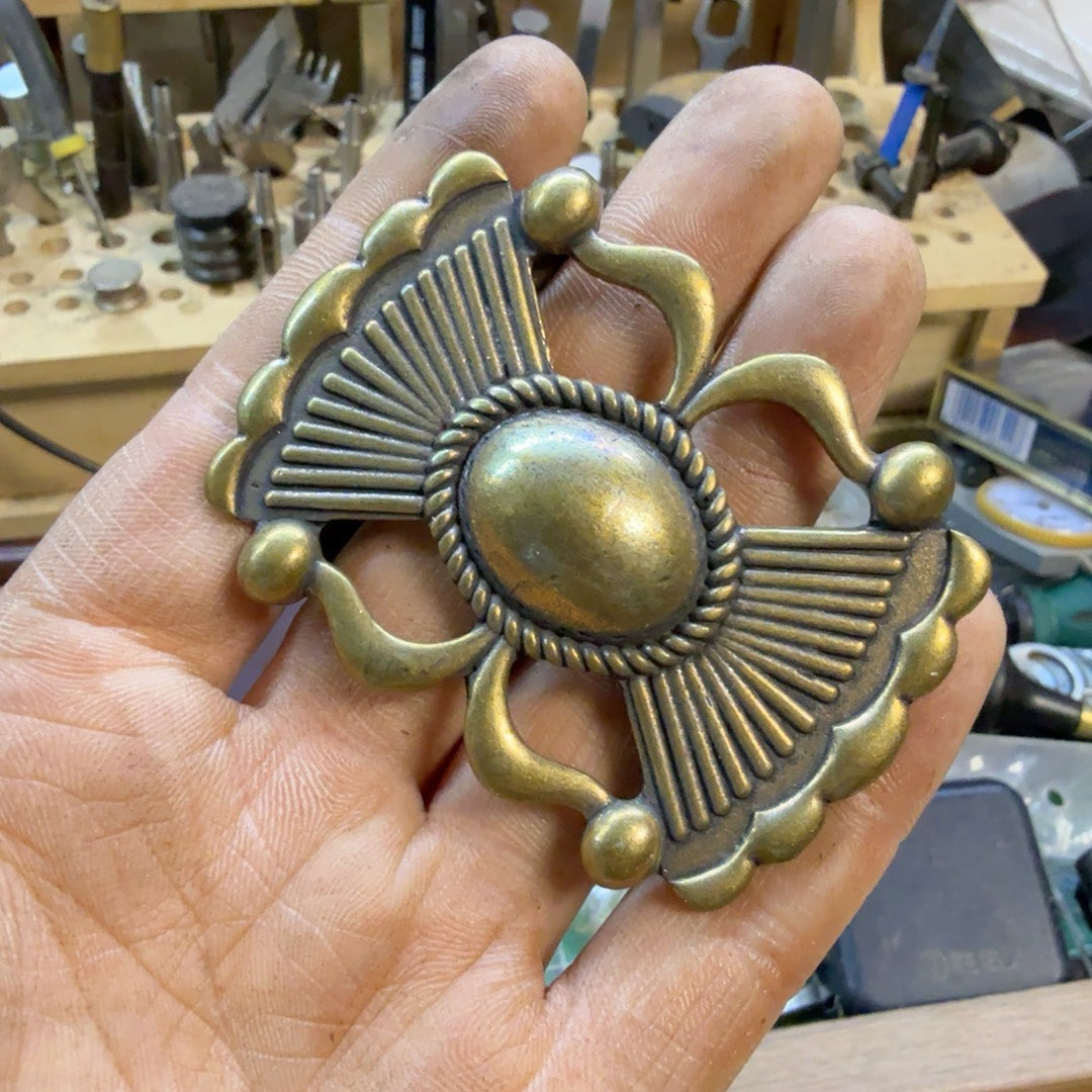 Solid brass Navajo turquoise belt buckle