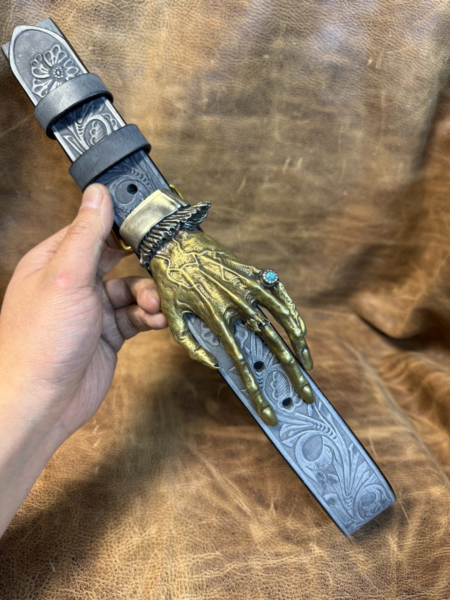 The Italian horse-rein carved handmade belt is custom-made
