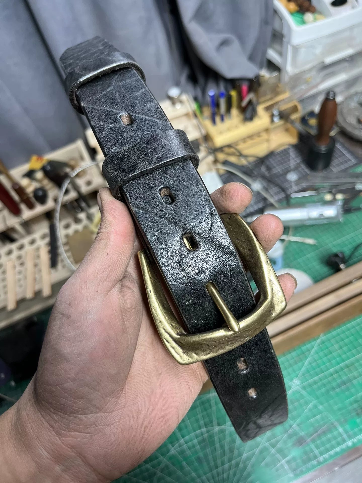 Black dyed bison leather handmade belt imported from North America