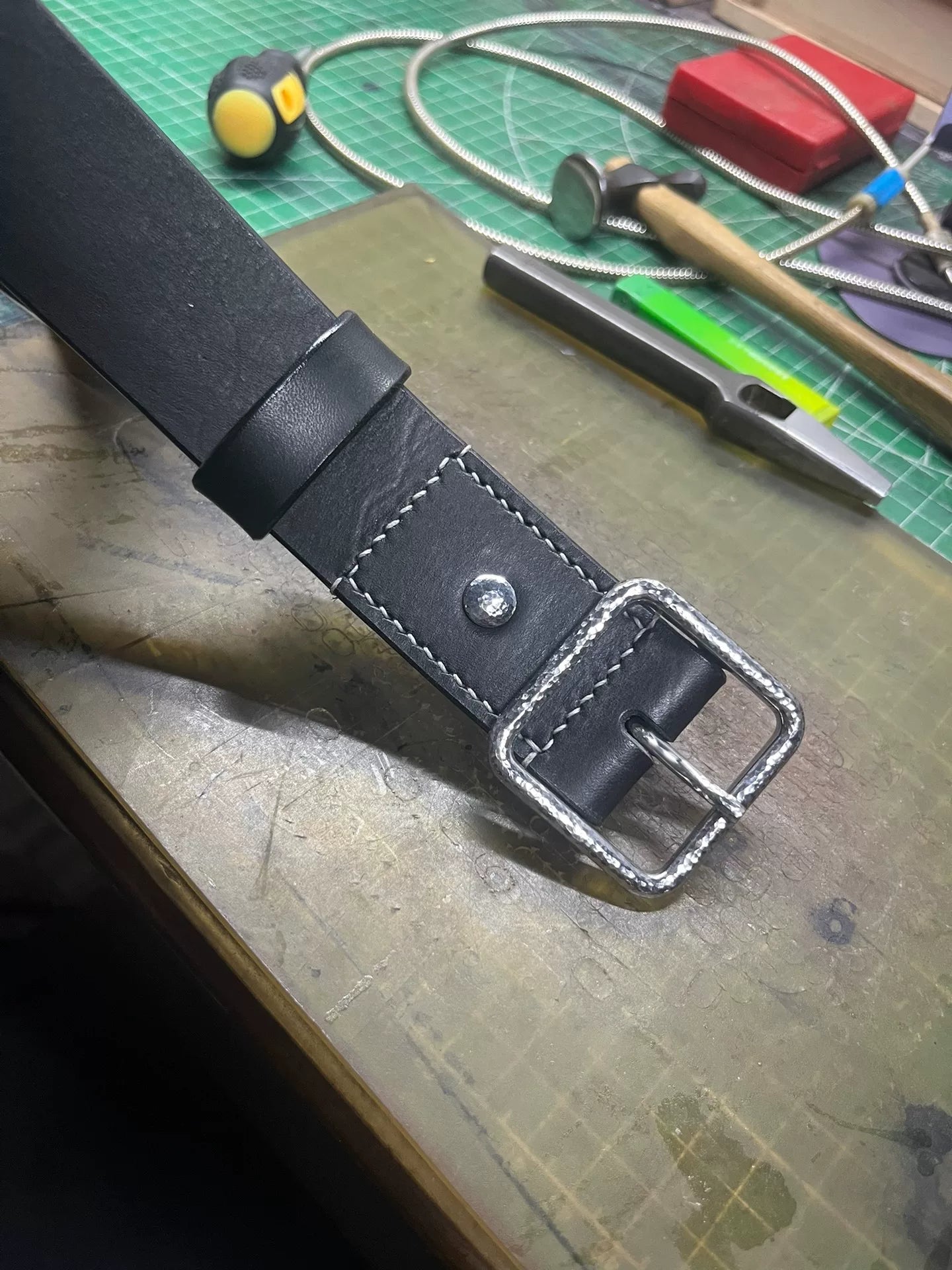 Handmade Top-Grain Leather Belt — Hammered Stainless Steel Buckle