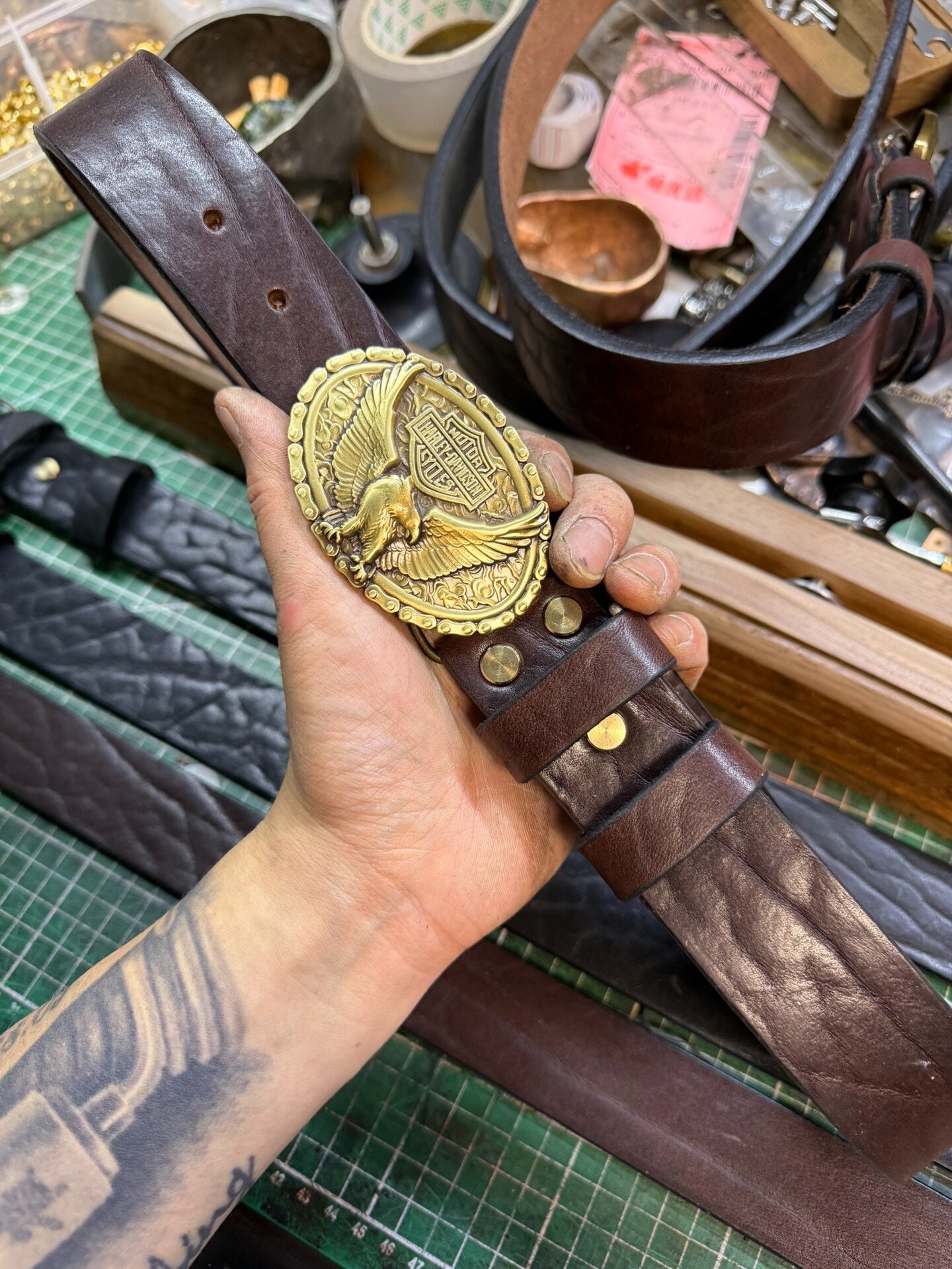 6 mm thick black bison leather handmade belt