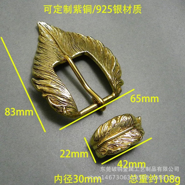 Pure copper new belt buckle feather two sets of pin buckle leaf bel…