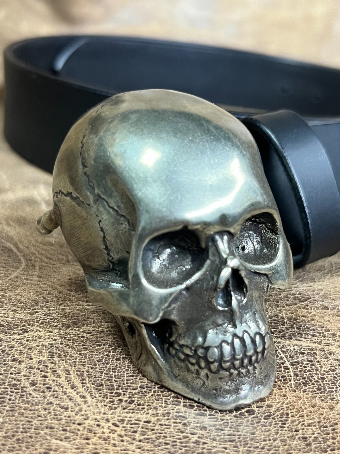 American retro skull pure copper belt buckle with black Italian veg…