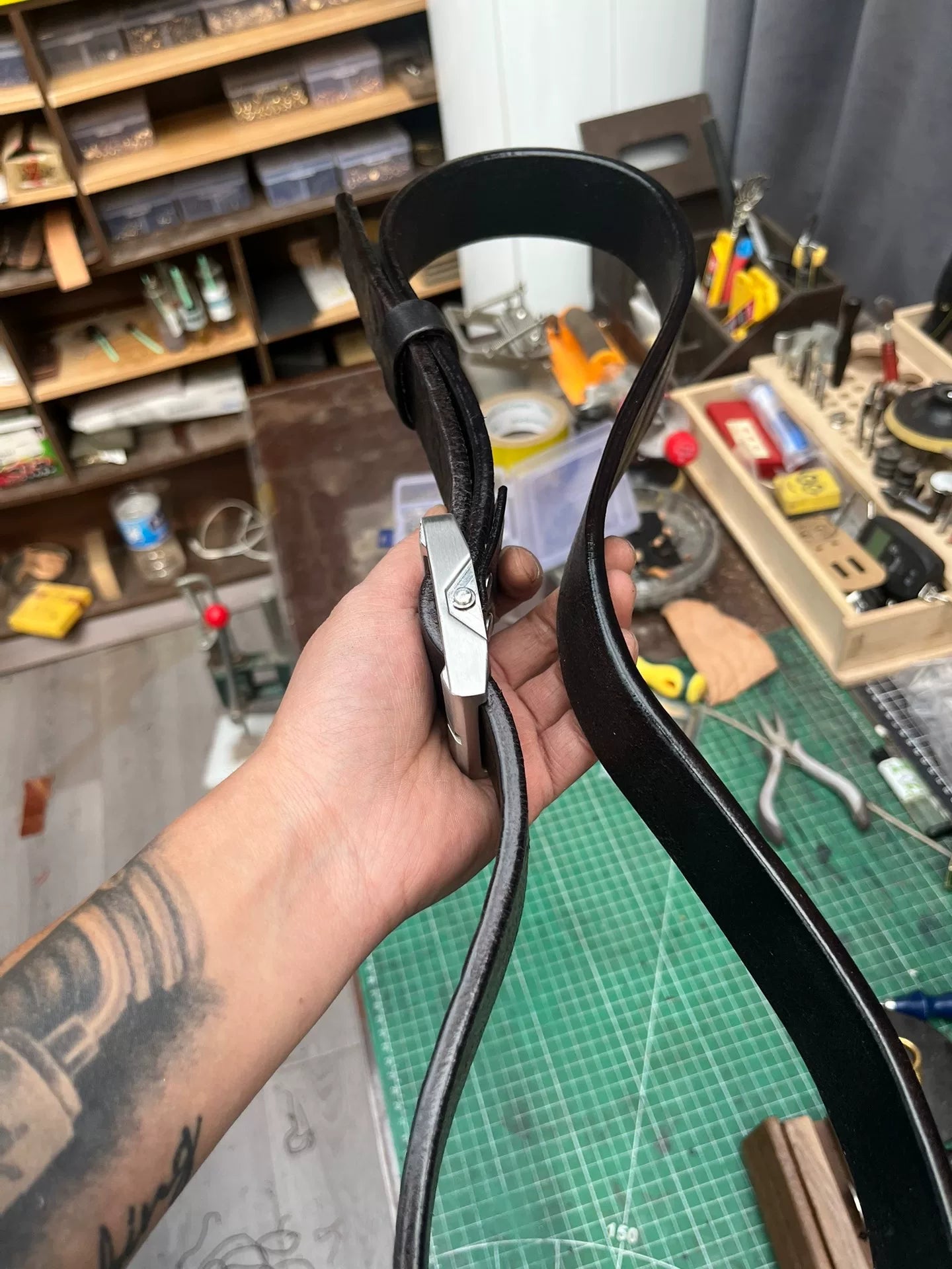 Black dyed bison leather handmade belt imported from North America