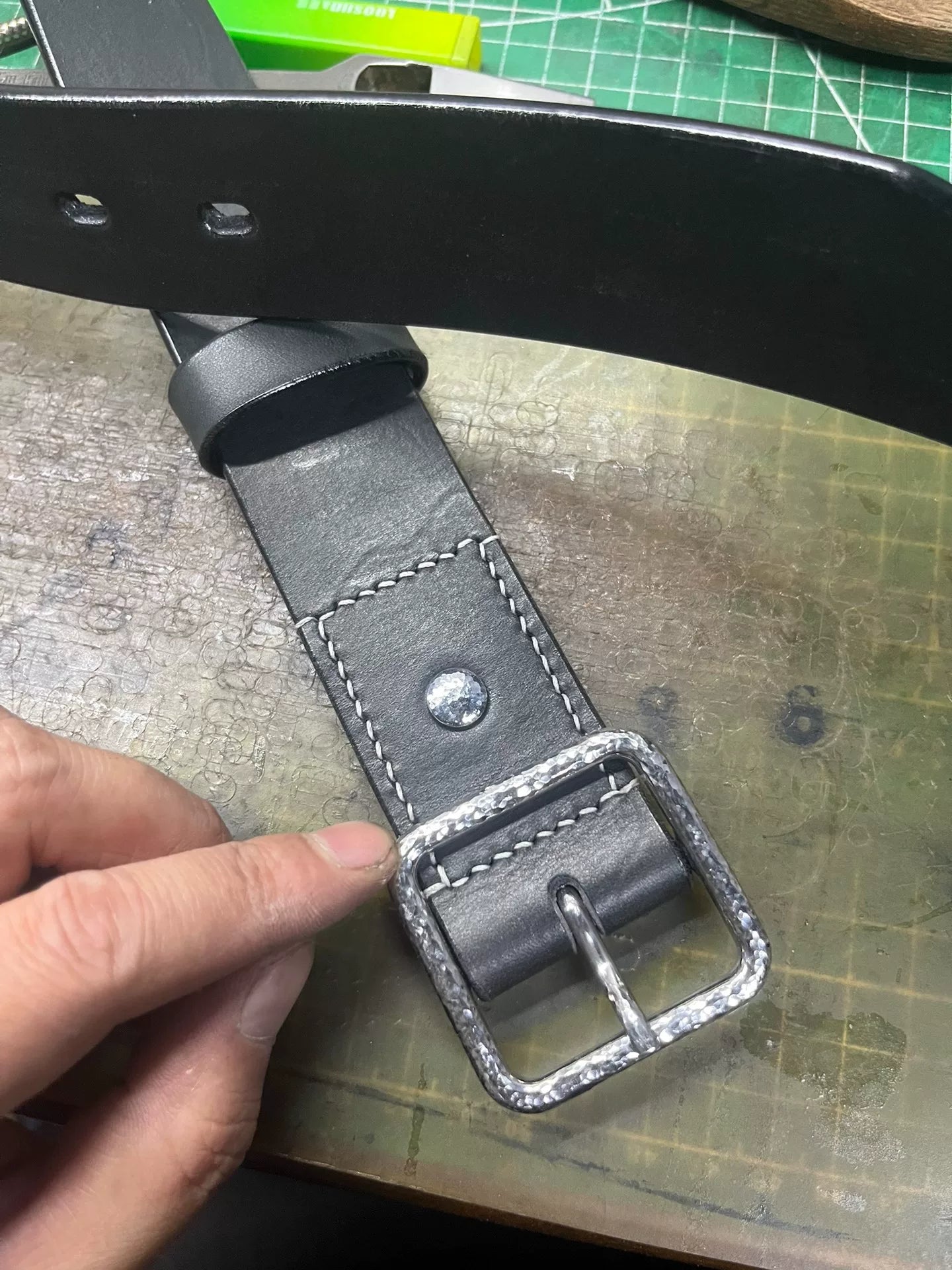 Handmade Top-Grain Leather Belt — Hammered Stainless Steel Buckle