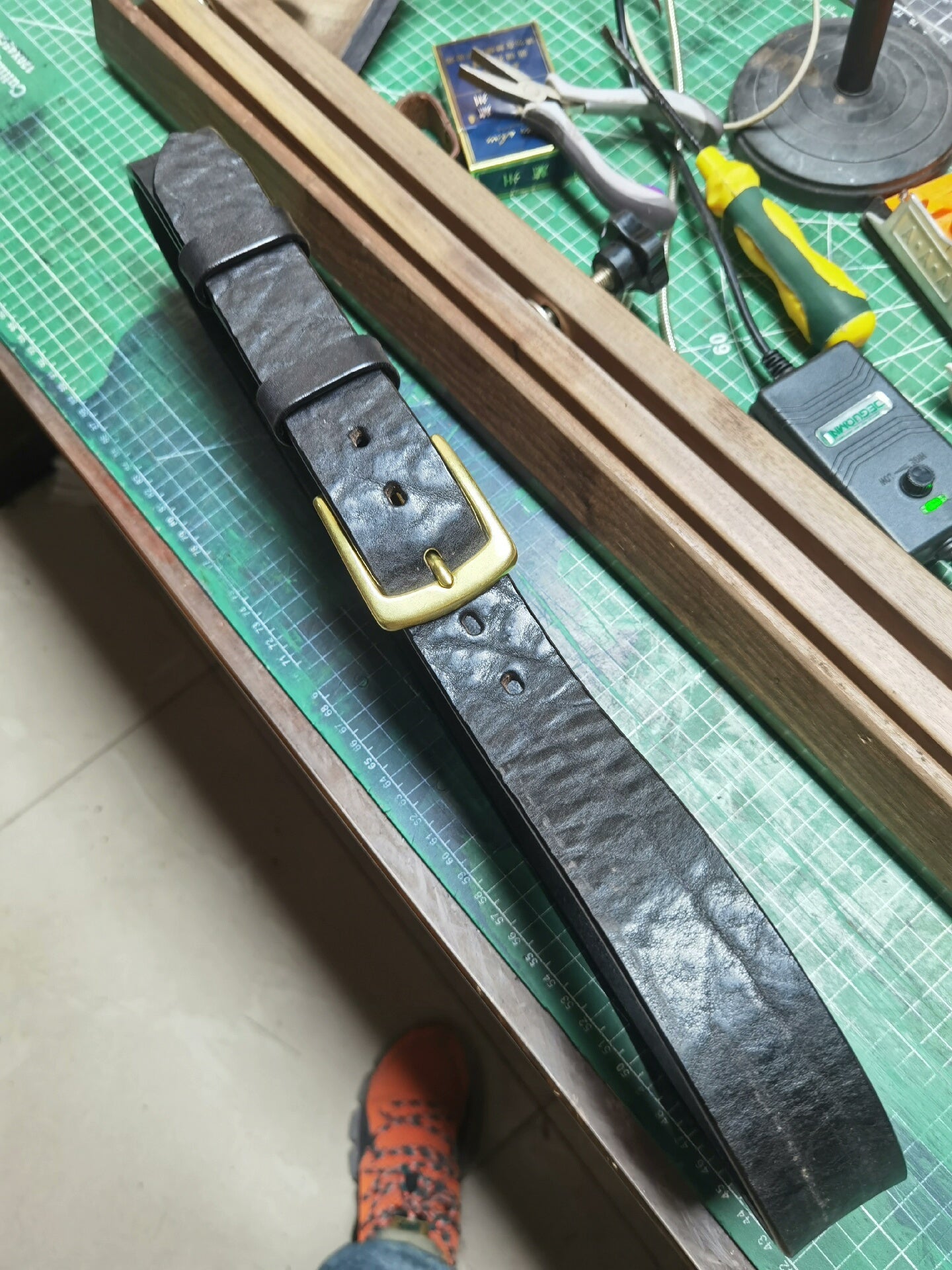 Black dyed bison leather handmade belt imported from North America
