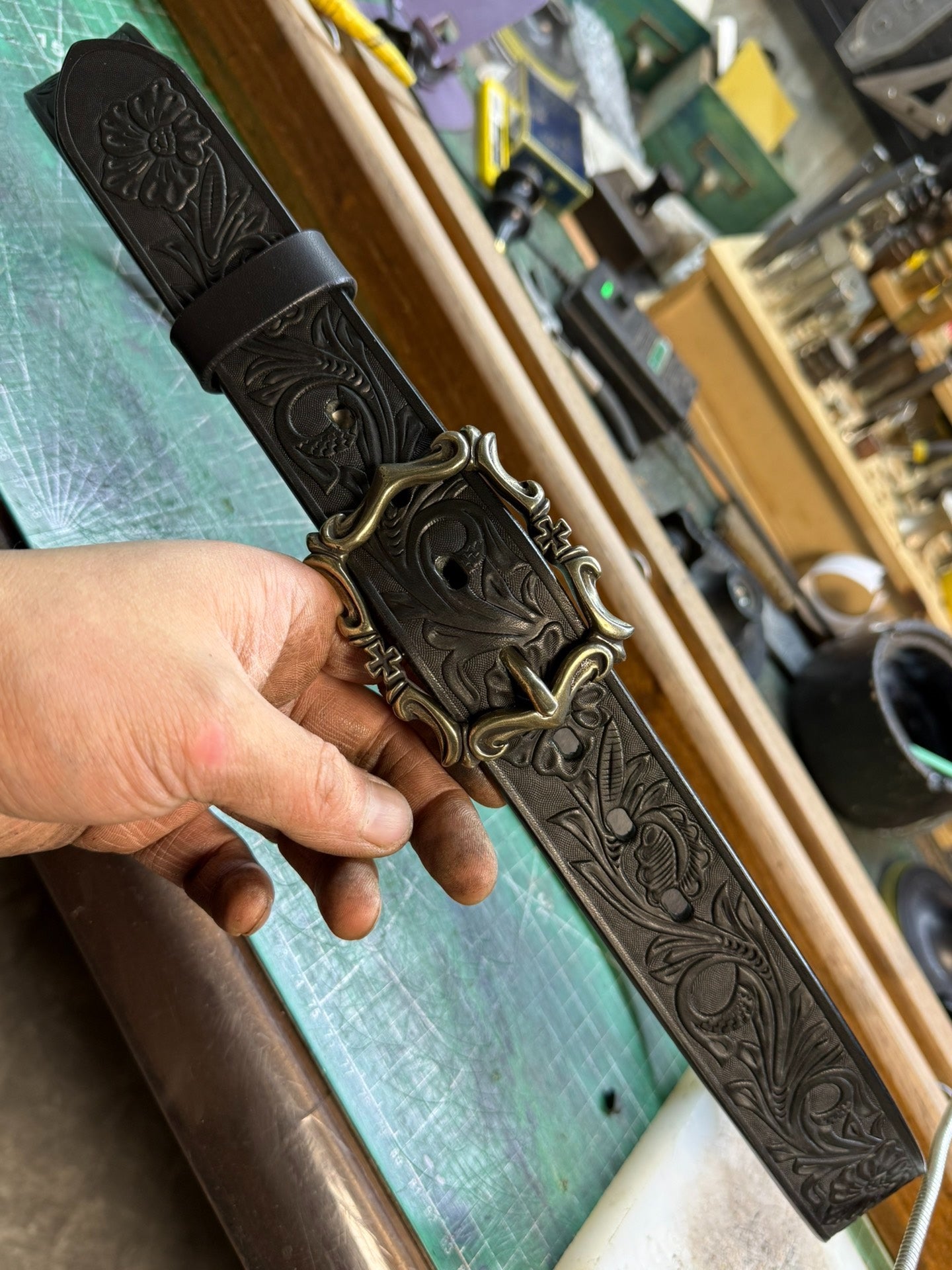 Customized Italian saddle carved handmade belt