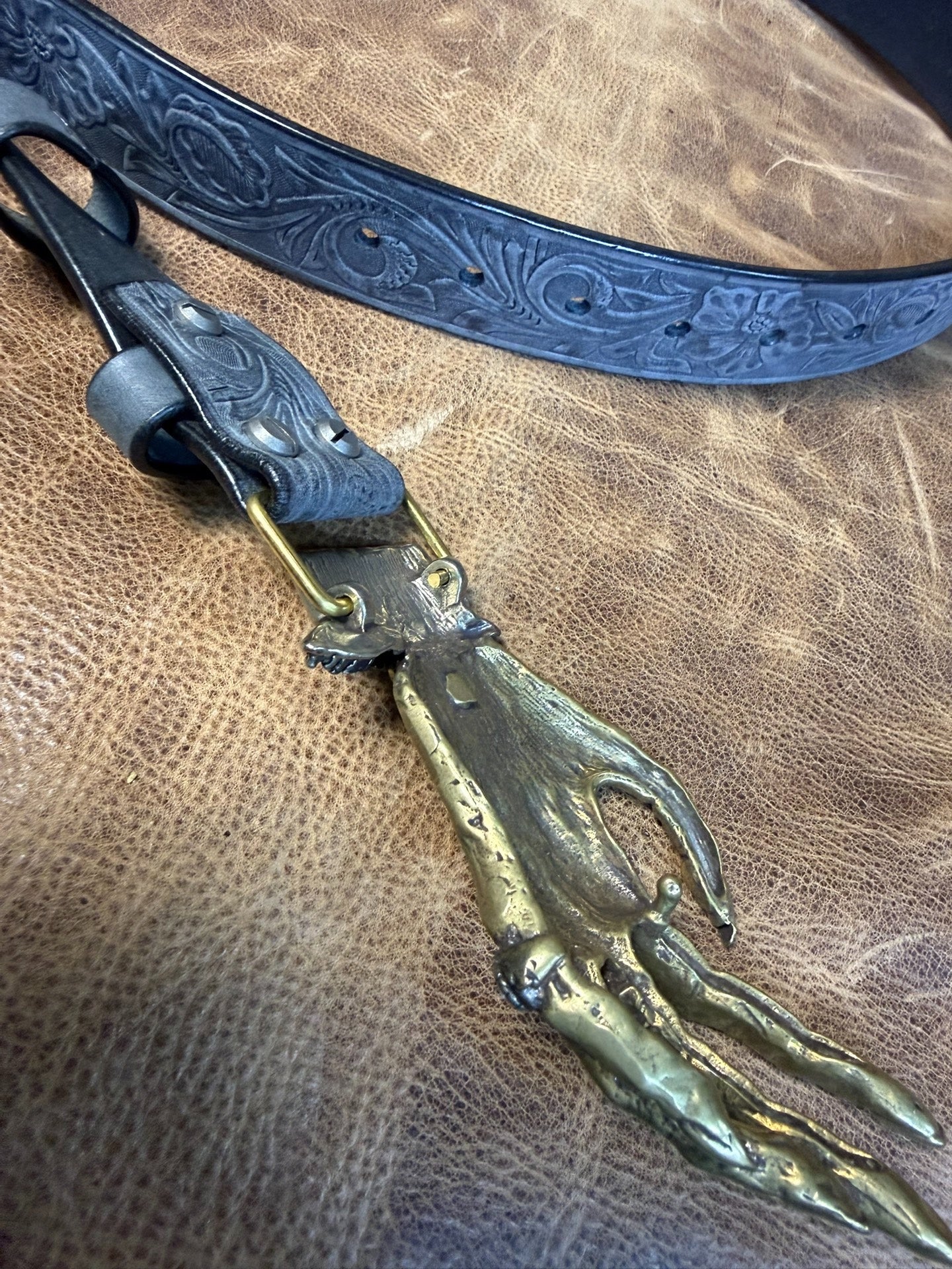 The Italian horse-rein carved handmade belt is custom-made