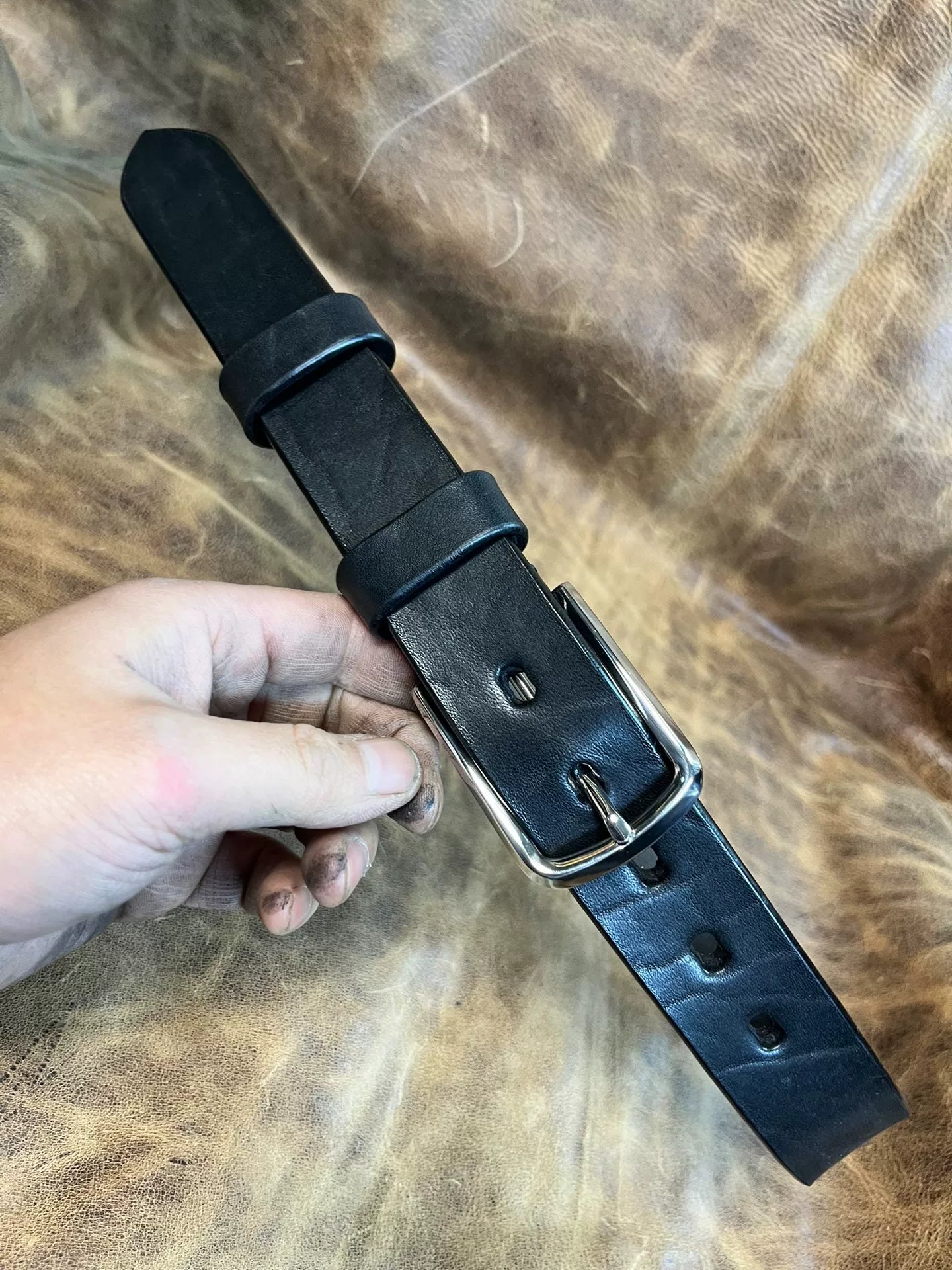 Black bison leather handmade belt