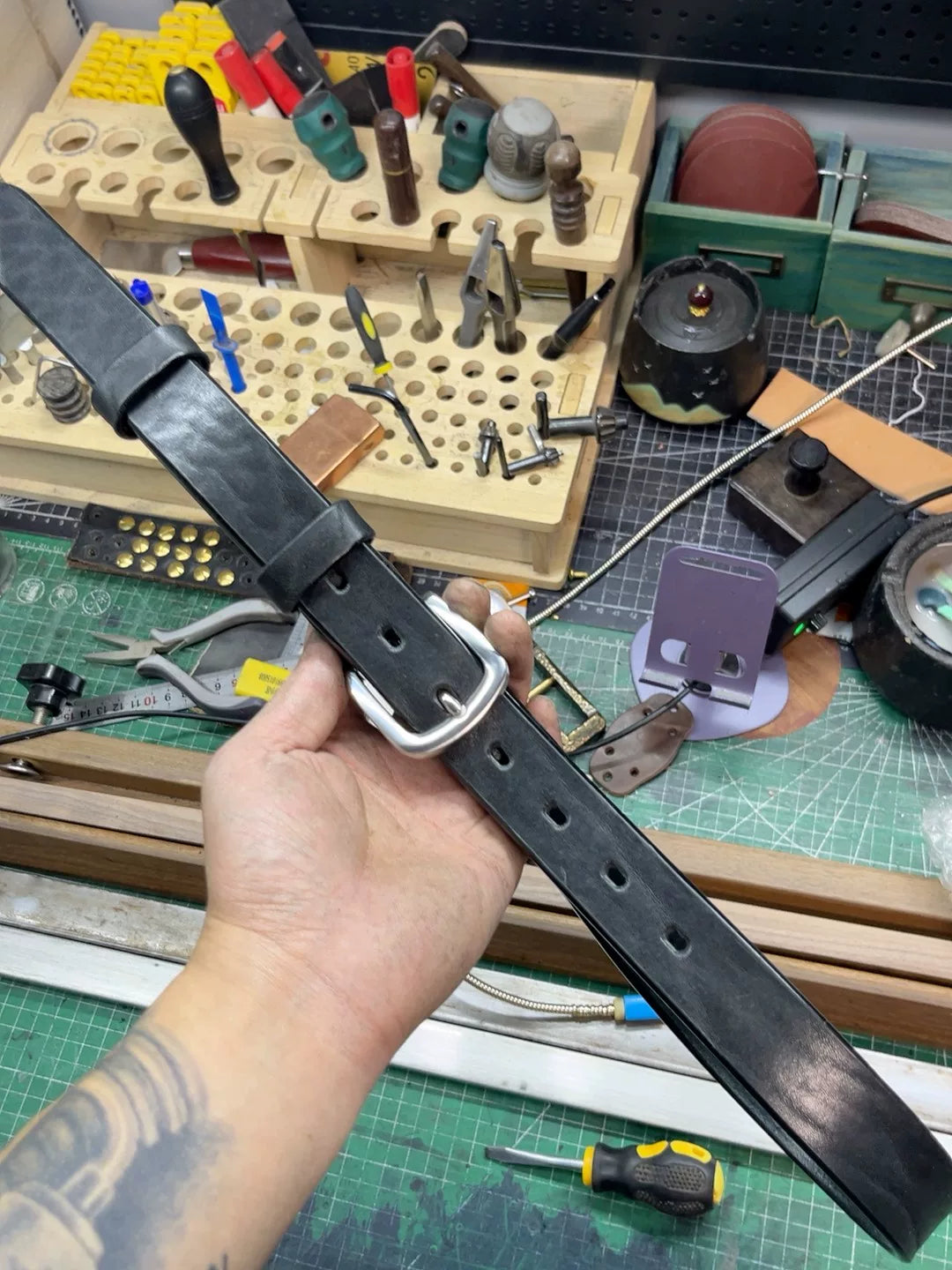 Black dyed bison leather handmade belt imported from North America