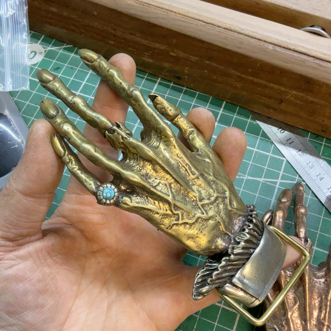 Large lengthened pure copper ghost claw belt buckle, retro style