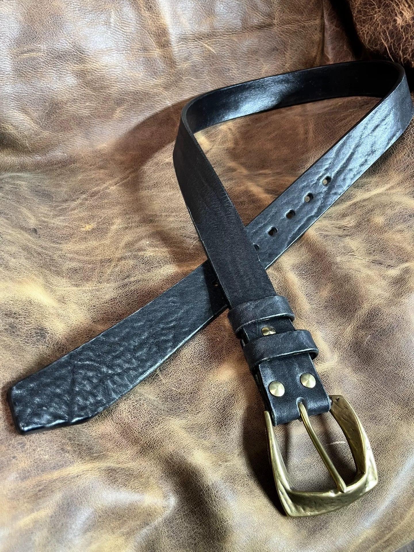 Black dyed bison leather handmade belt imported from North America