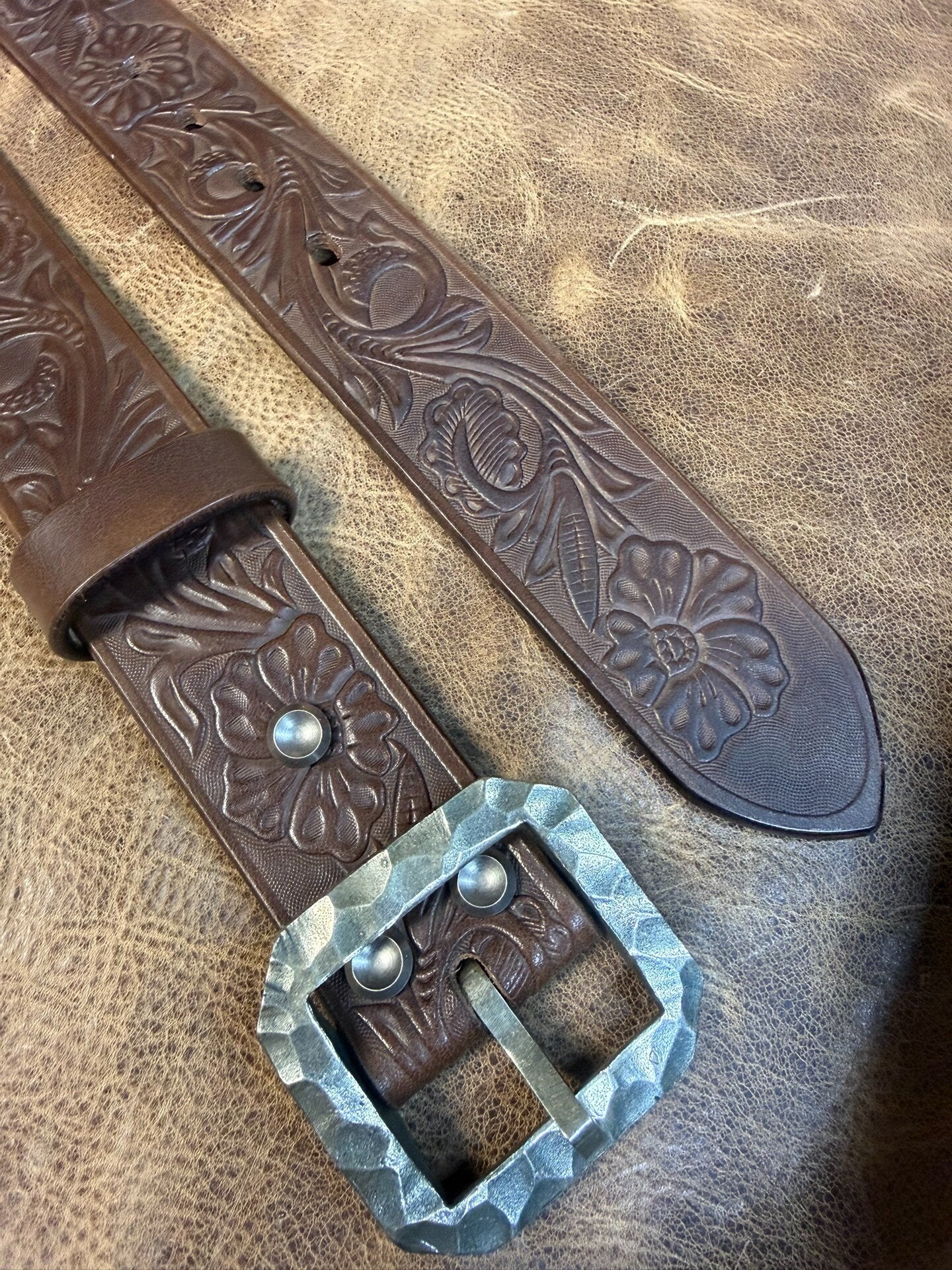 Meian's custom-made brown carved handmade belt