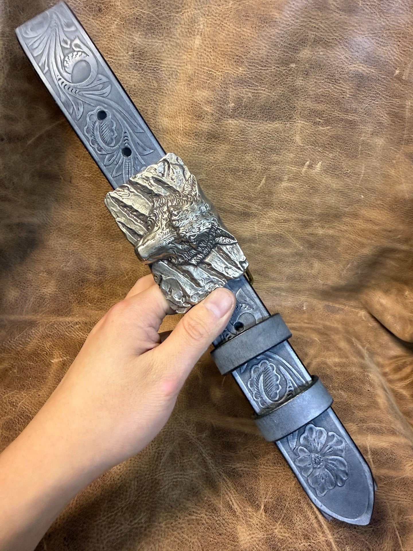 The Italian horse-rein carved handmade belt is custom-made
