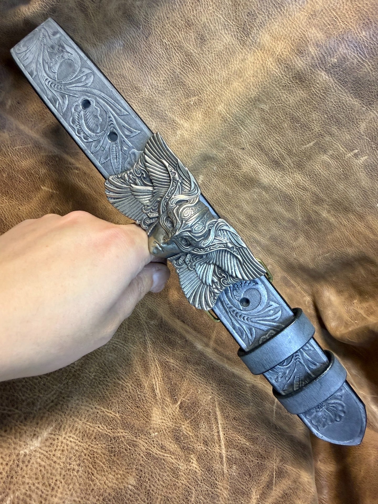 The Italian horse-rein carved handmade belt is custom-made