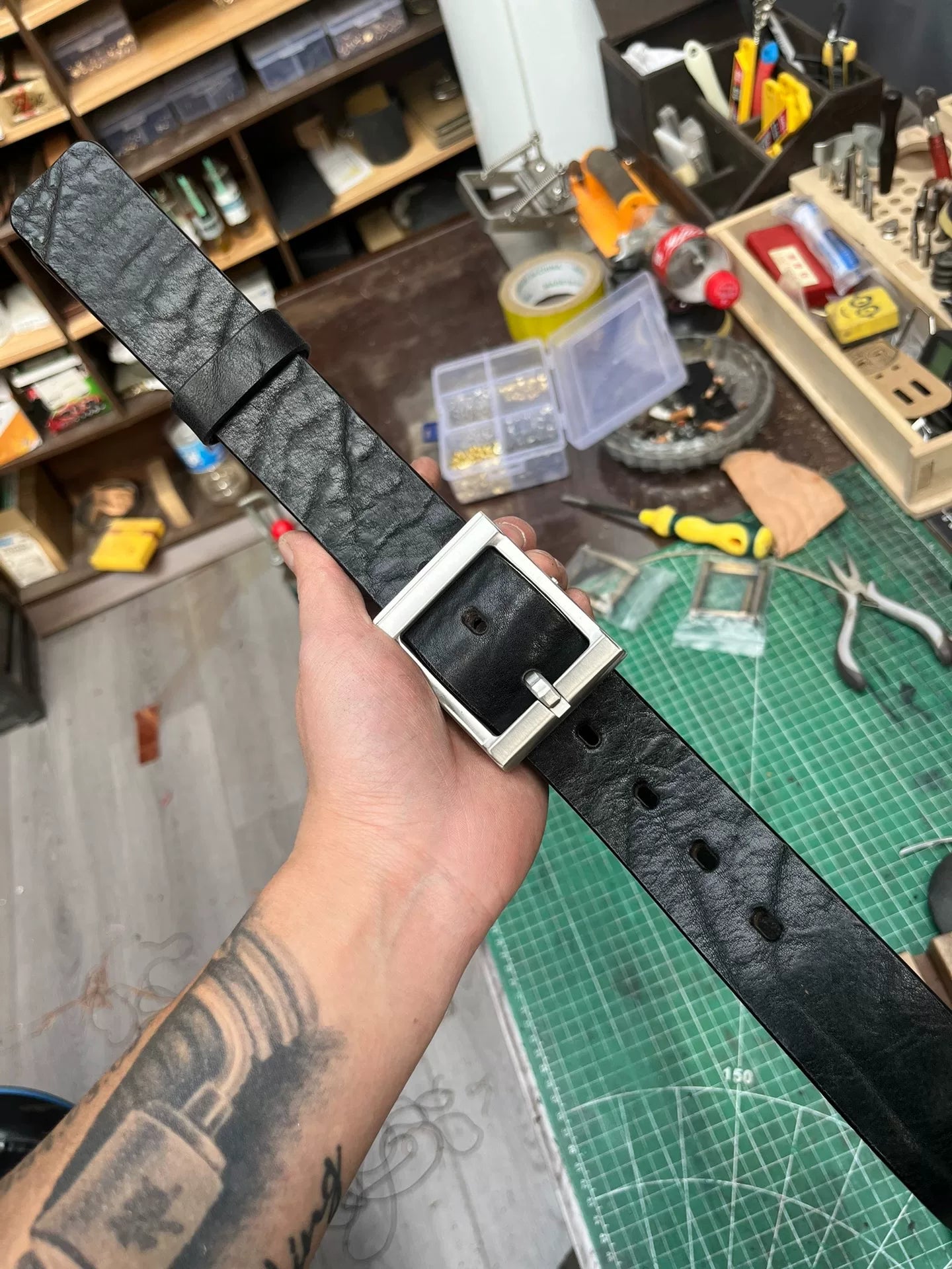 Black dyed bison leather handmade belt imported from North America