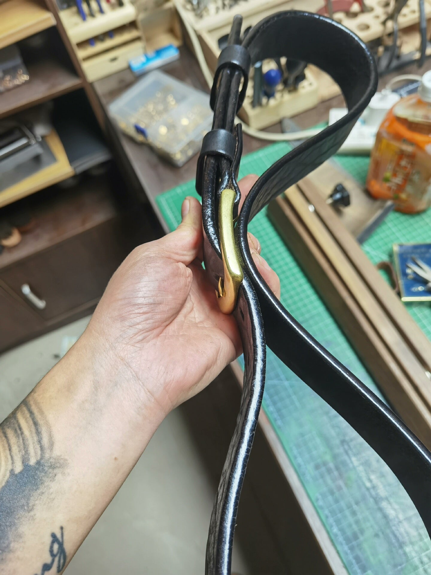 Black dyed bison leather handmade belt imported from North America