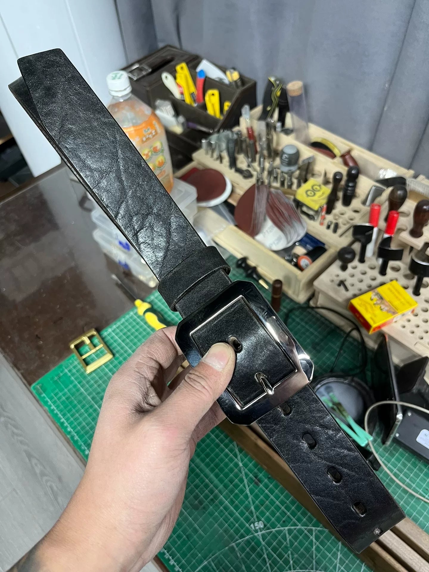 Black dyed bison leather handmade belt imported from North America
