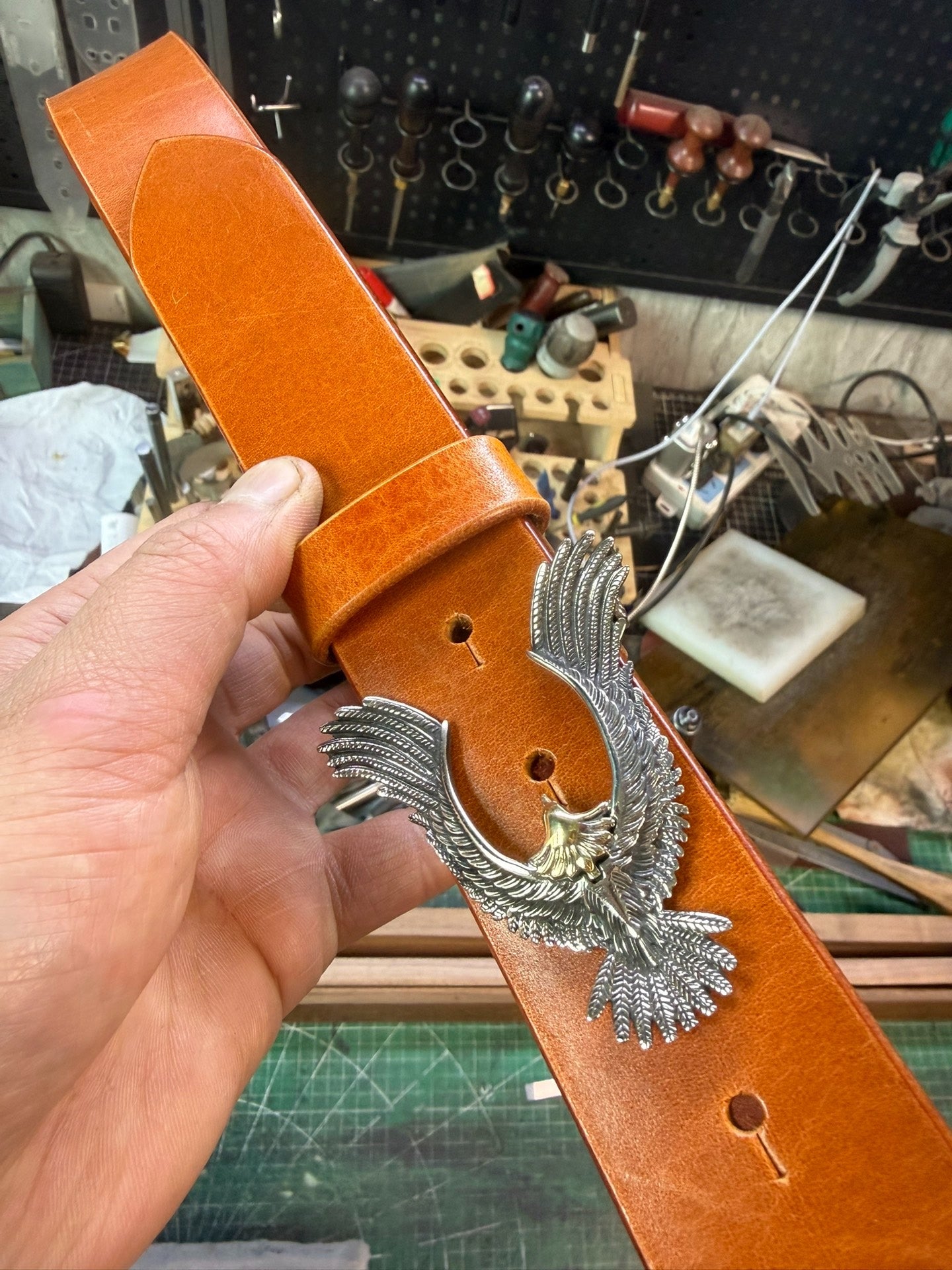 Pure copper Takahashi style eagle belt buckle with natural cowhide…