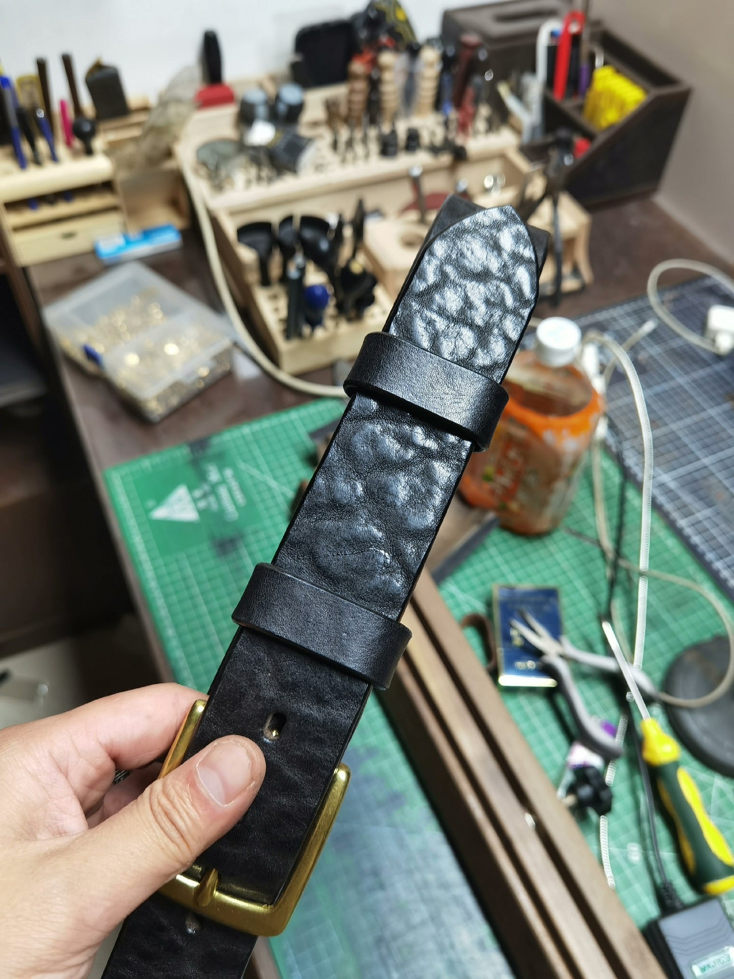 Black dyed bison leather handmade belt imported from North America