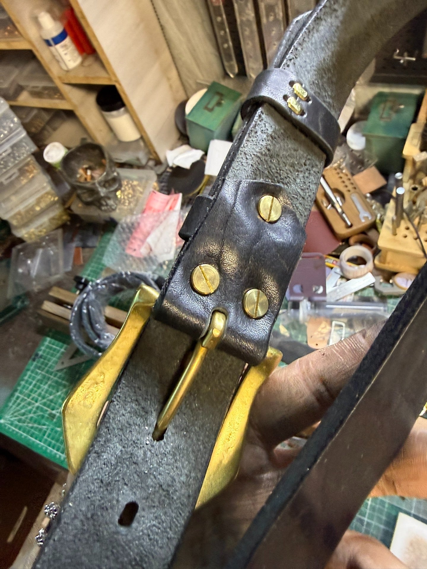 6 mm thick black bison leather handmade belt