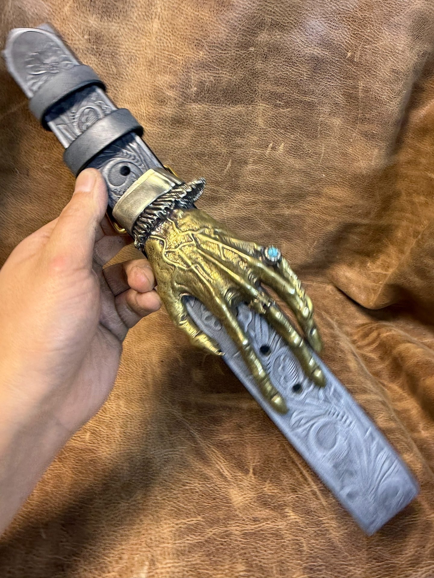 The Italian horse-rein carved handmade belt is custom-made