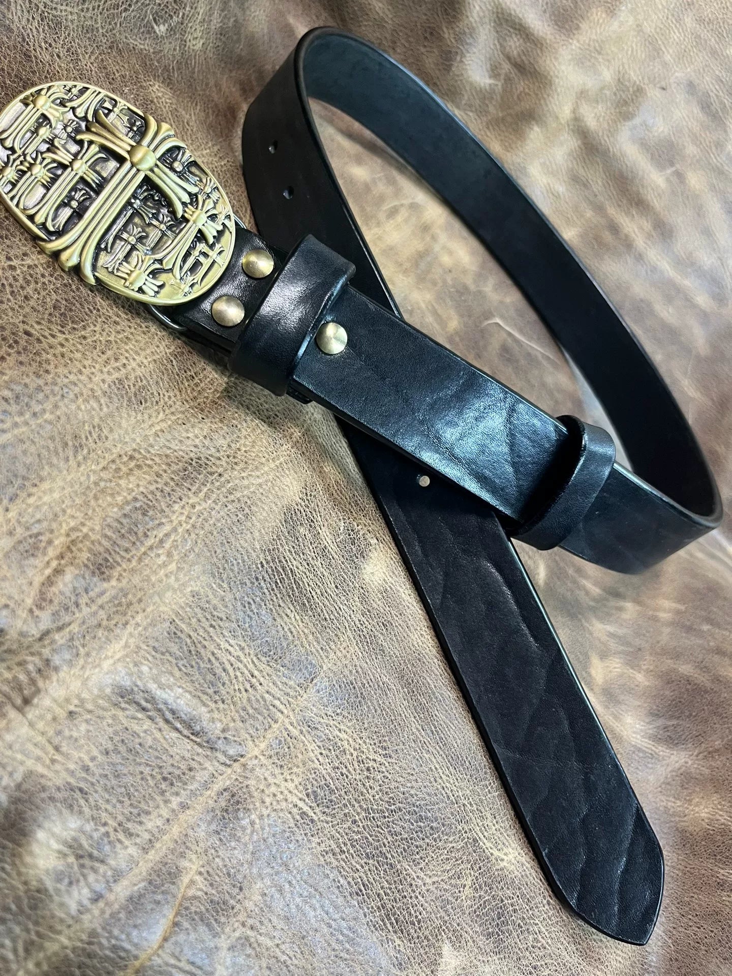 5.5mm thick North American black dyed bison leather with Crow heart…