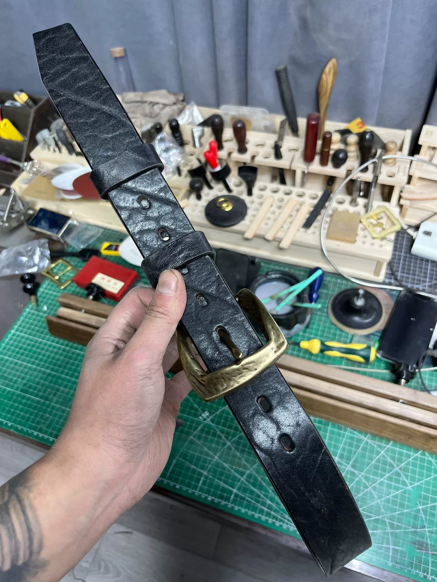 Black dyed bison leather handmade belt imported from North America