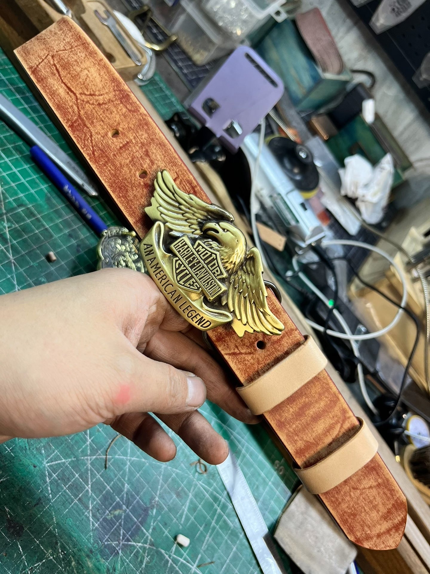 Harley Motorcycle Leather Belt — Solid Brass + Italian Top-Grain