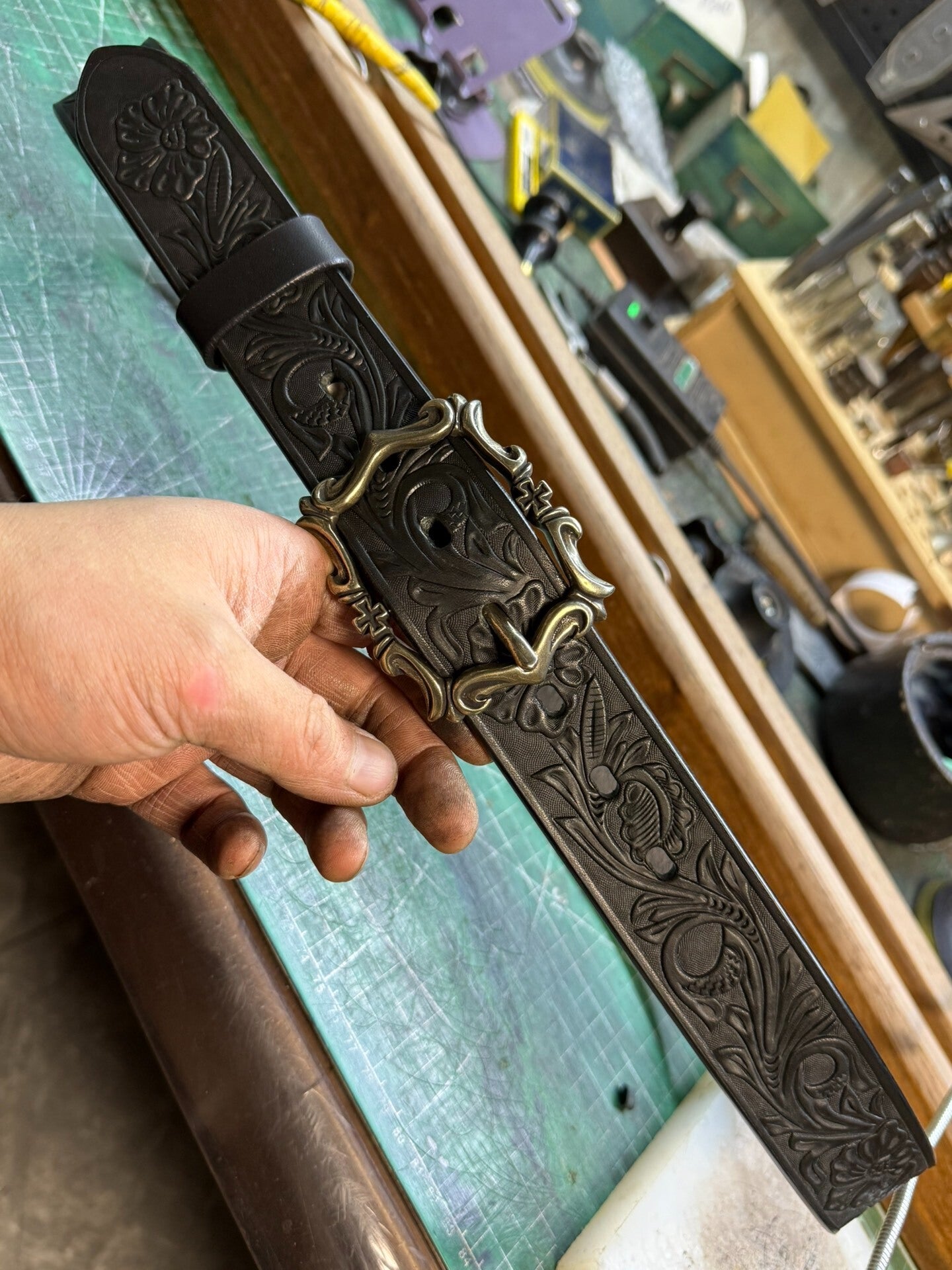 Customized Italian saddle carved handmade belt