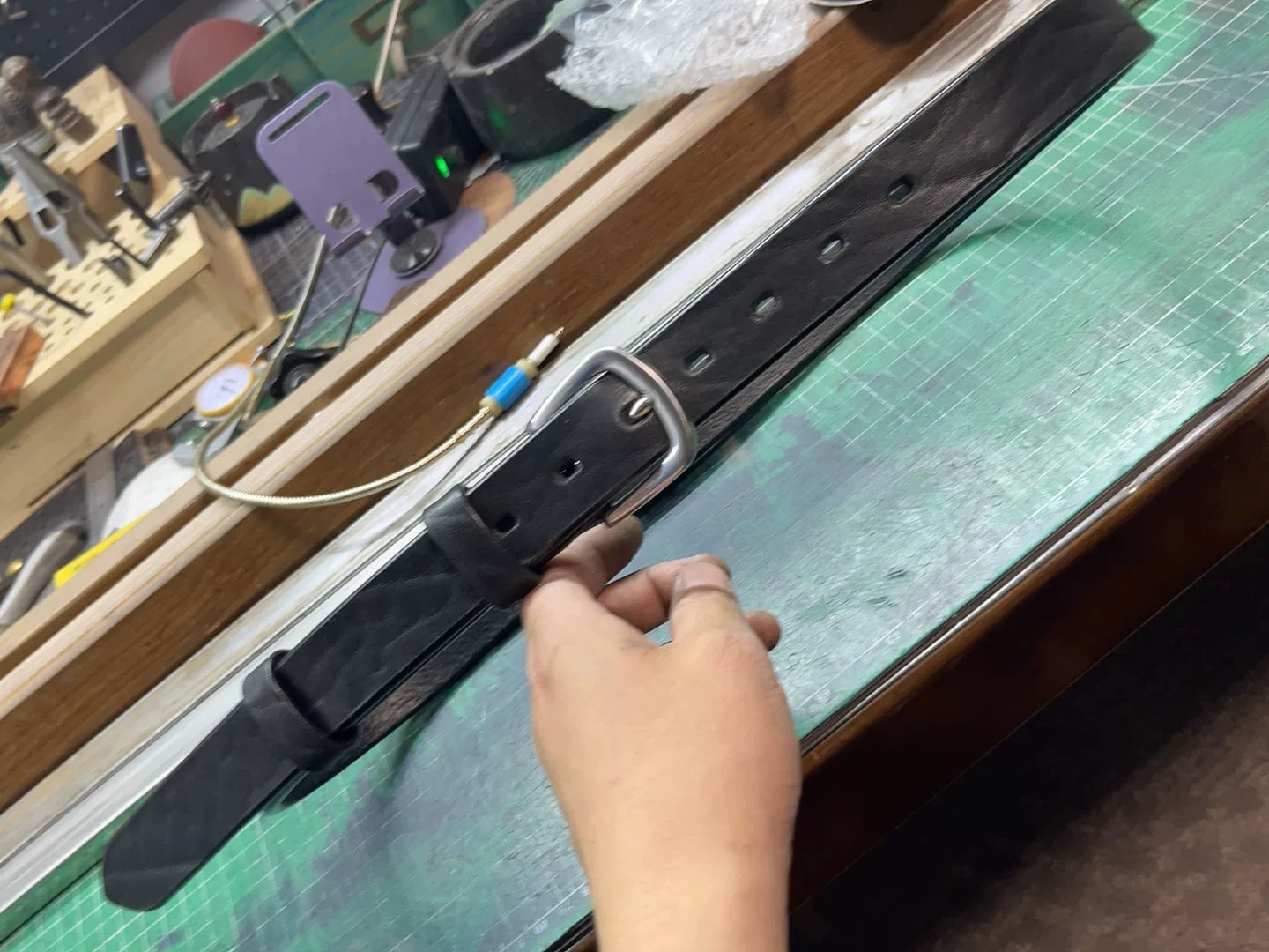 Black dyed bison leather handmade belt imported from North America