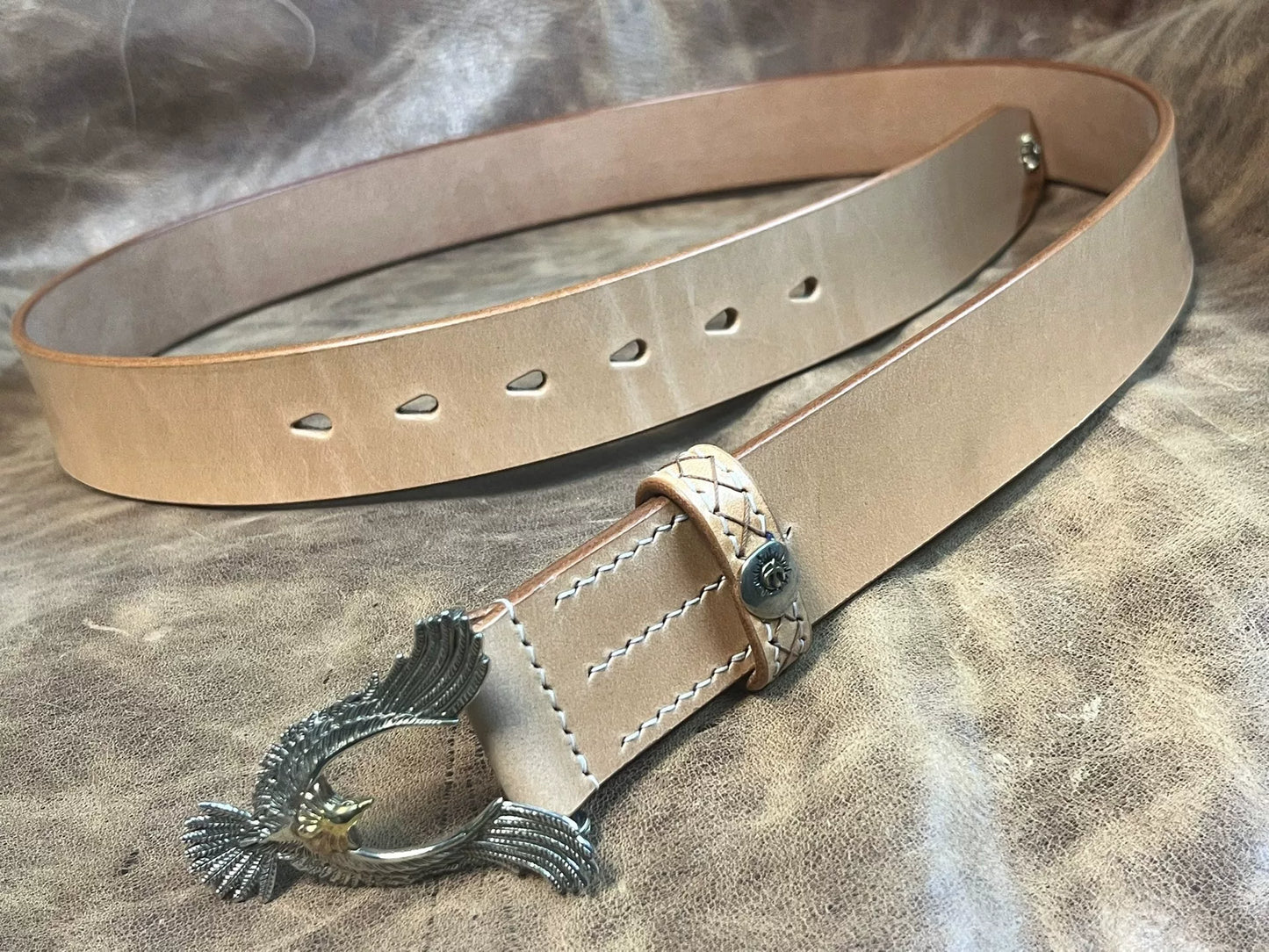 Pure copper Takahashi style eagle belt buckle with natural cowhide…
