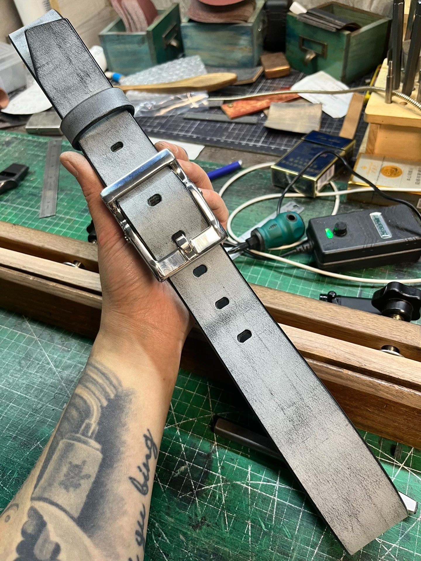 Italian matte wax horse rein leather black dyed handmade belt