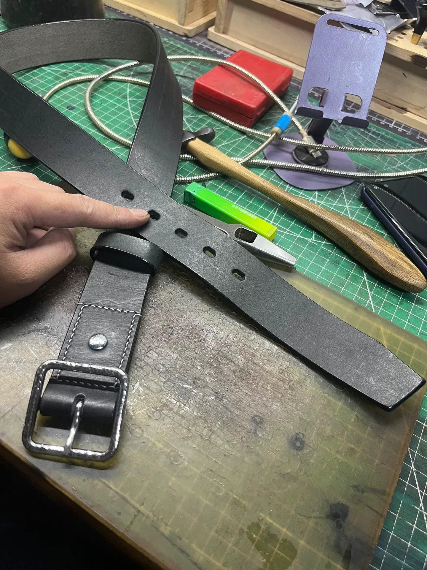 Handmade Top-Grain Leather Belt — Hammered Stainless Steel Buckle