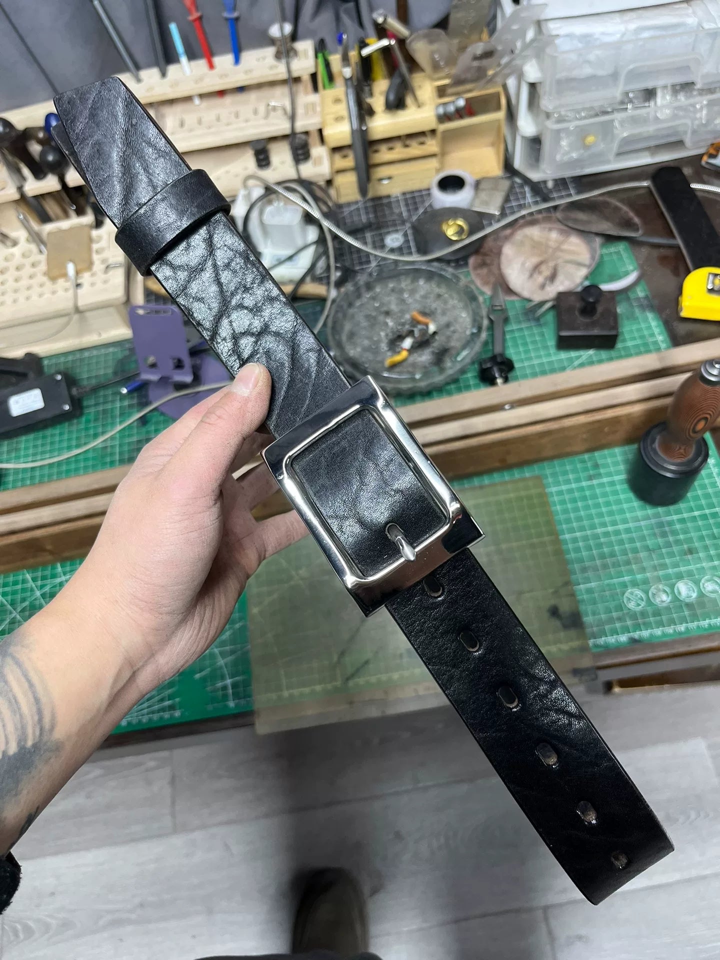 Black dyed bison leather handmade belt imported from North America