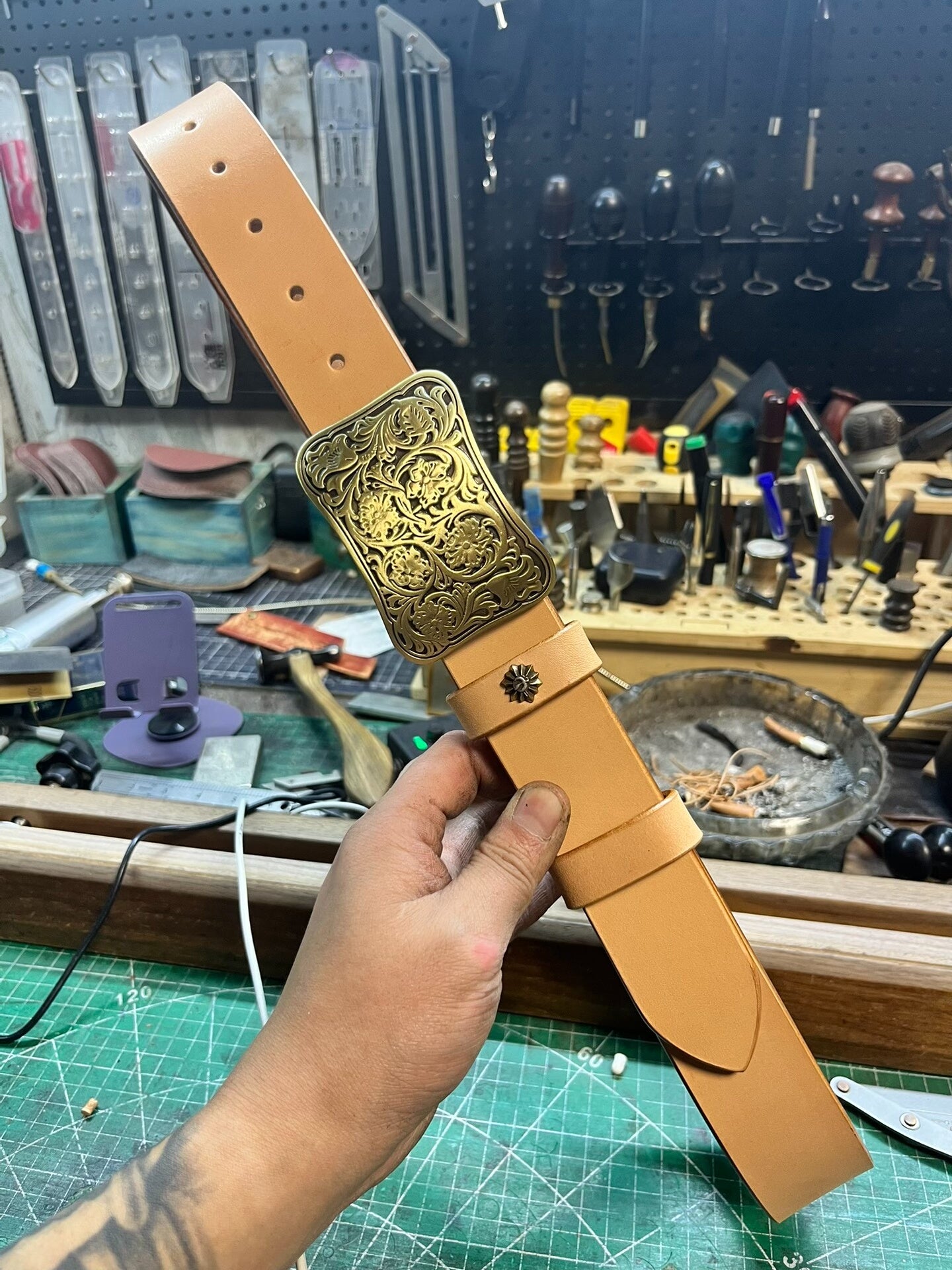 Customized American-style pure copper Tangcao buckle handmade belt,…