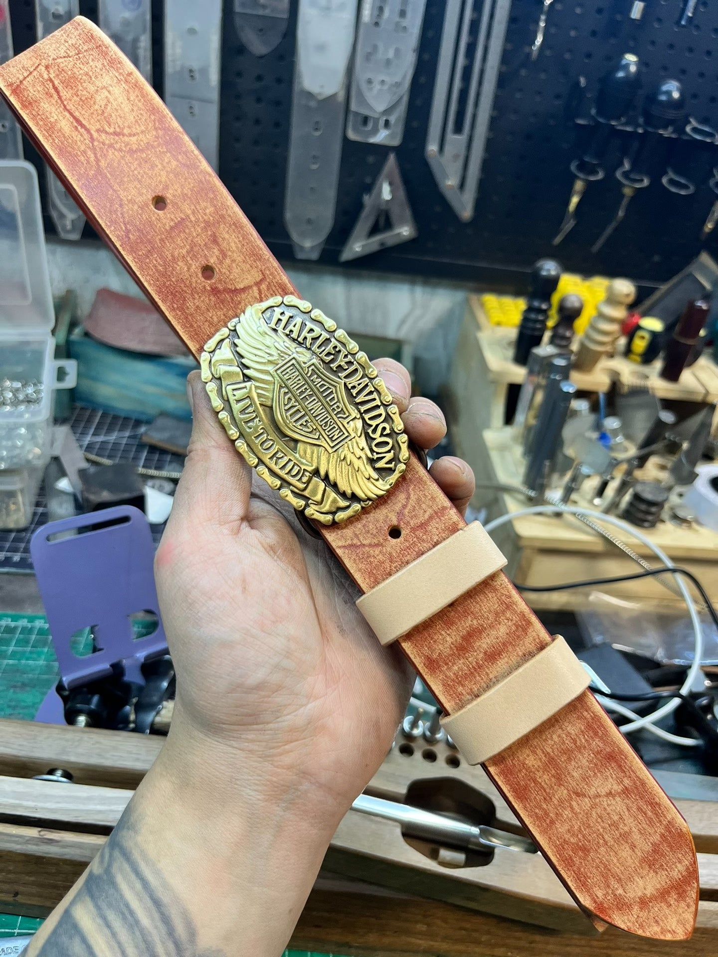 Harley Motorcycle Leather Belt — Solid Brass + Italian Top-Grain