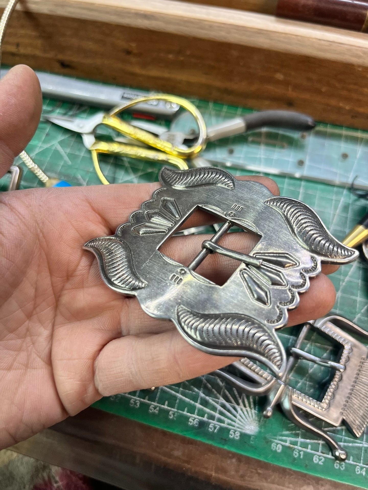 RRL Vintage Brass Buckle — Thick Silver Plating, Natural Patina