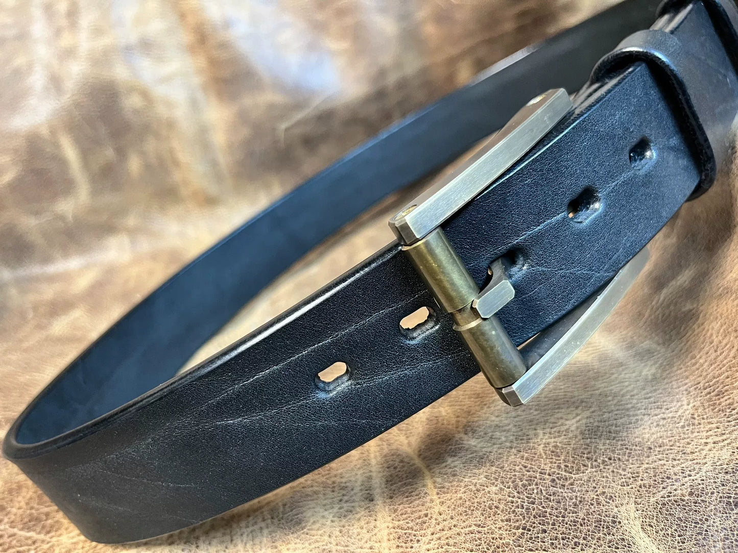 Tiger handmade black bison leather belt with brass wire cut buckle