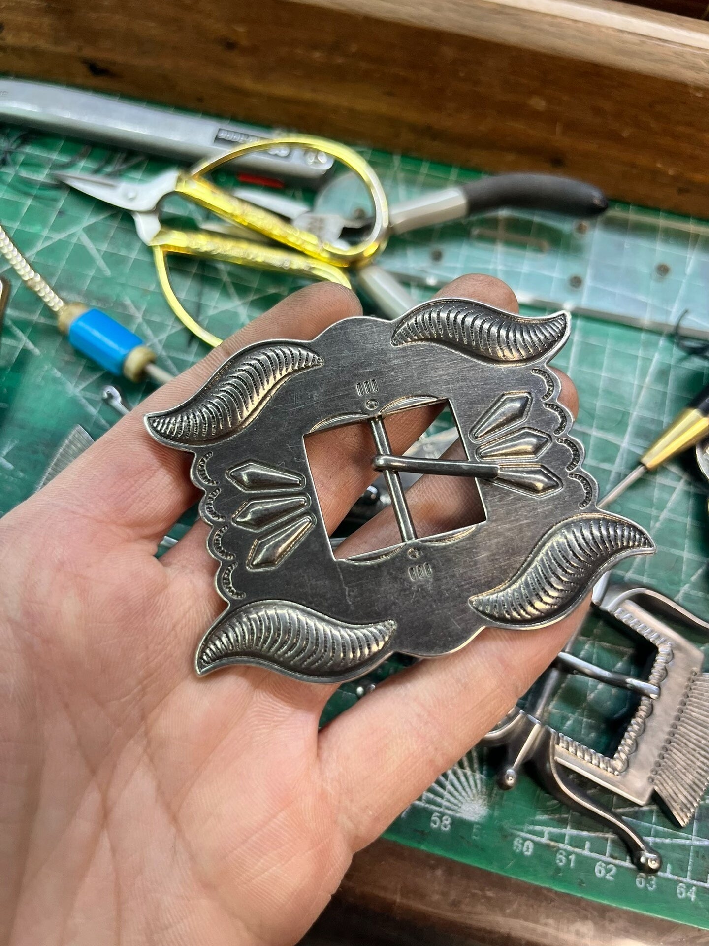RRL Vintage Brass Buckle — Thick Silver Plating, Natural Patina