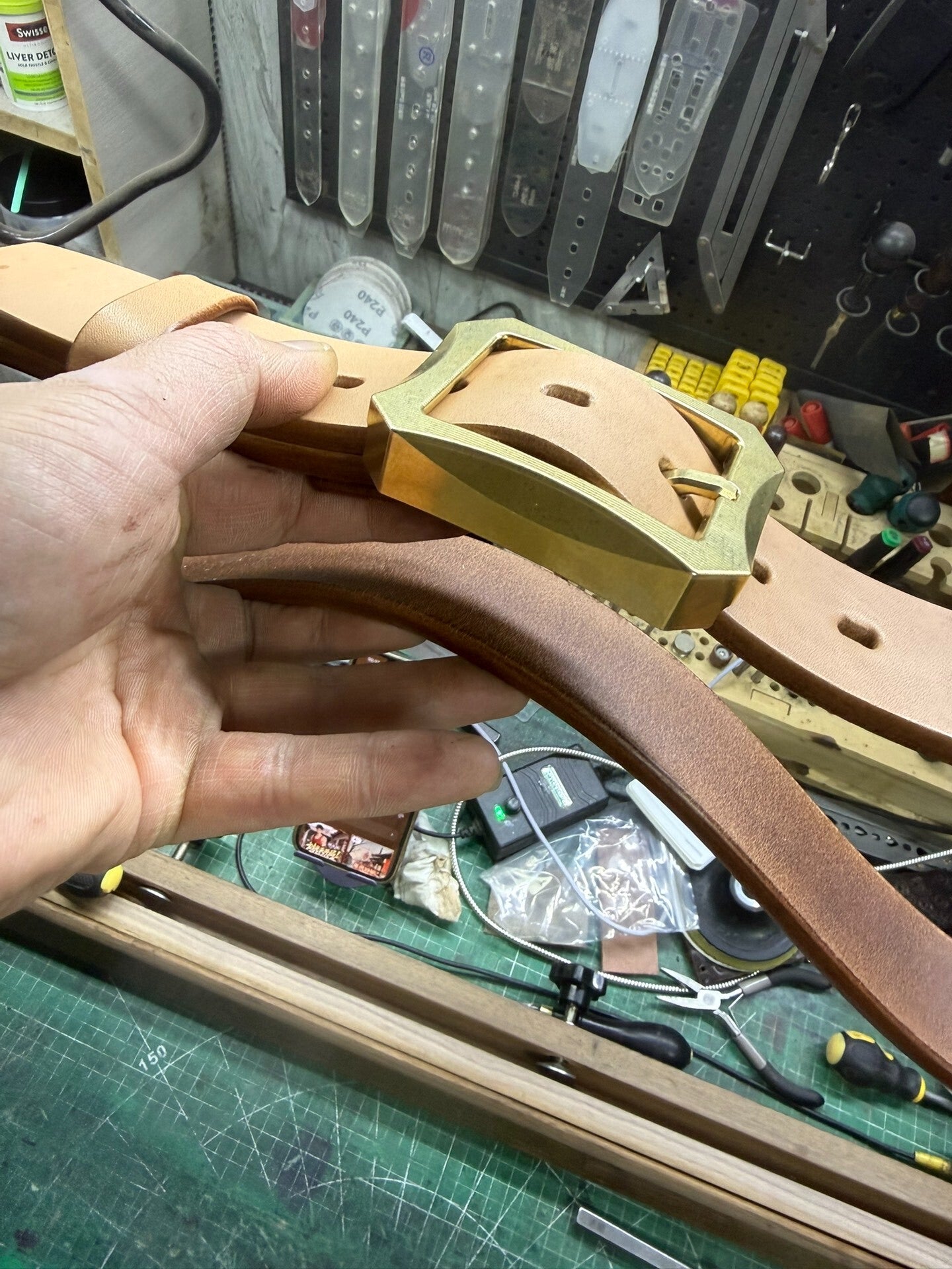 5mm Saddle Leather with Solid Brass Octagonal Line-Cut Buckle