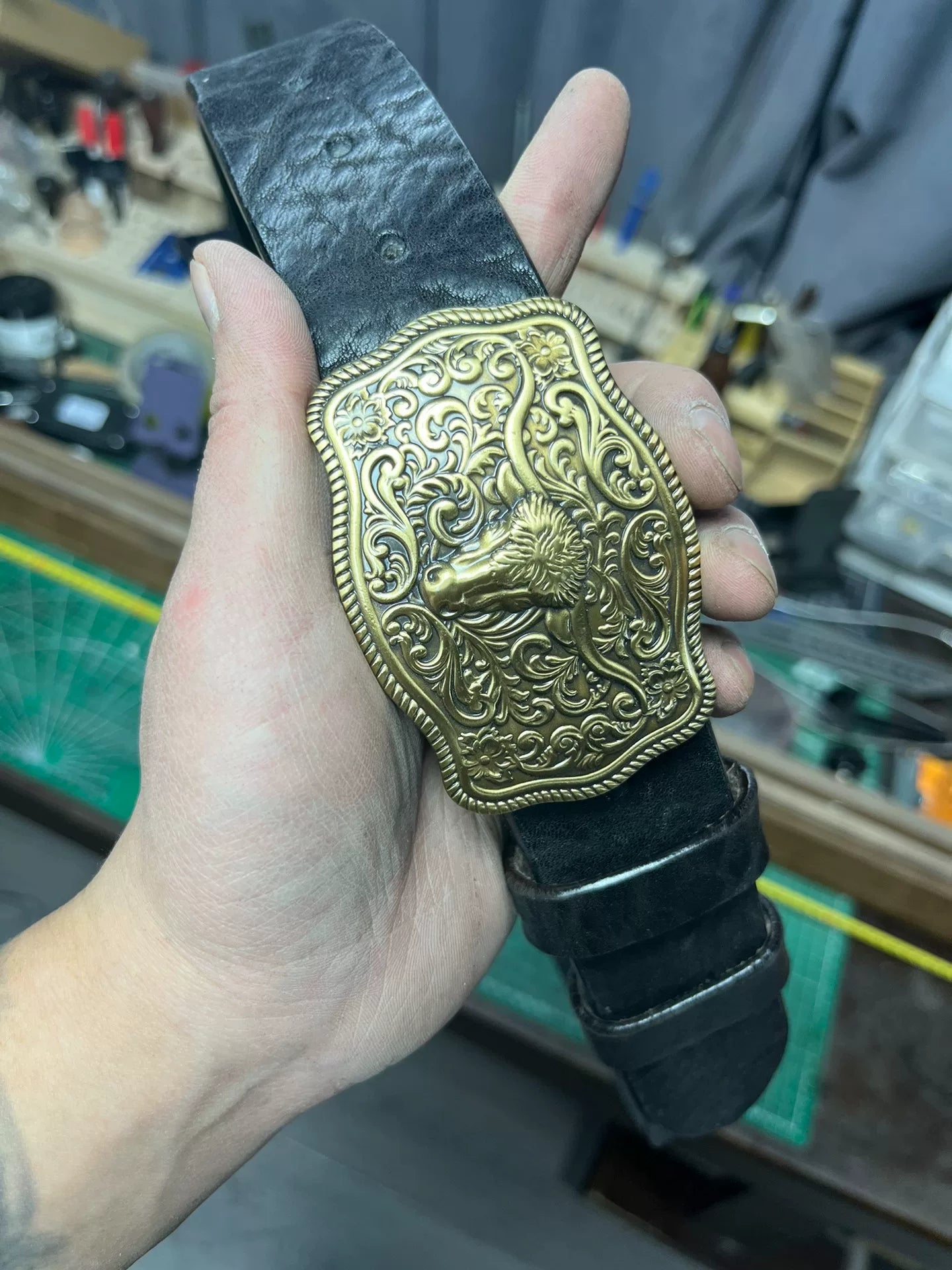 5.5mm thick black bison leather with solid brass buckle cow head be…