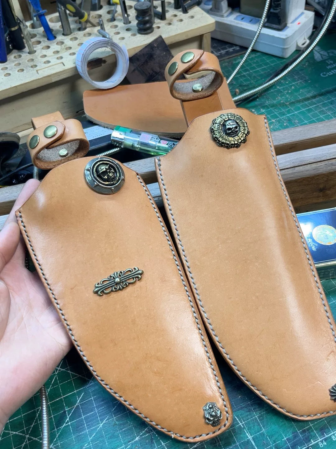 The cowhide scabbard is custom-made and handmade. The customer need…