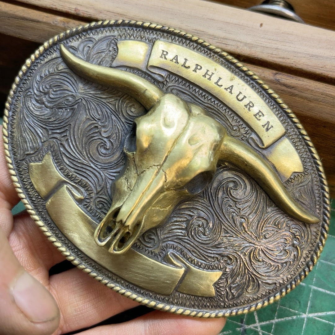 RL second-hand brass bull head belt buckle